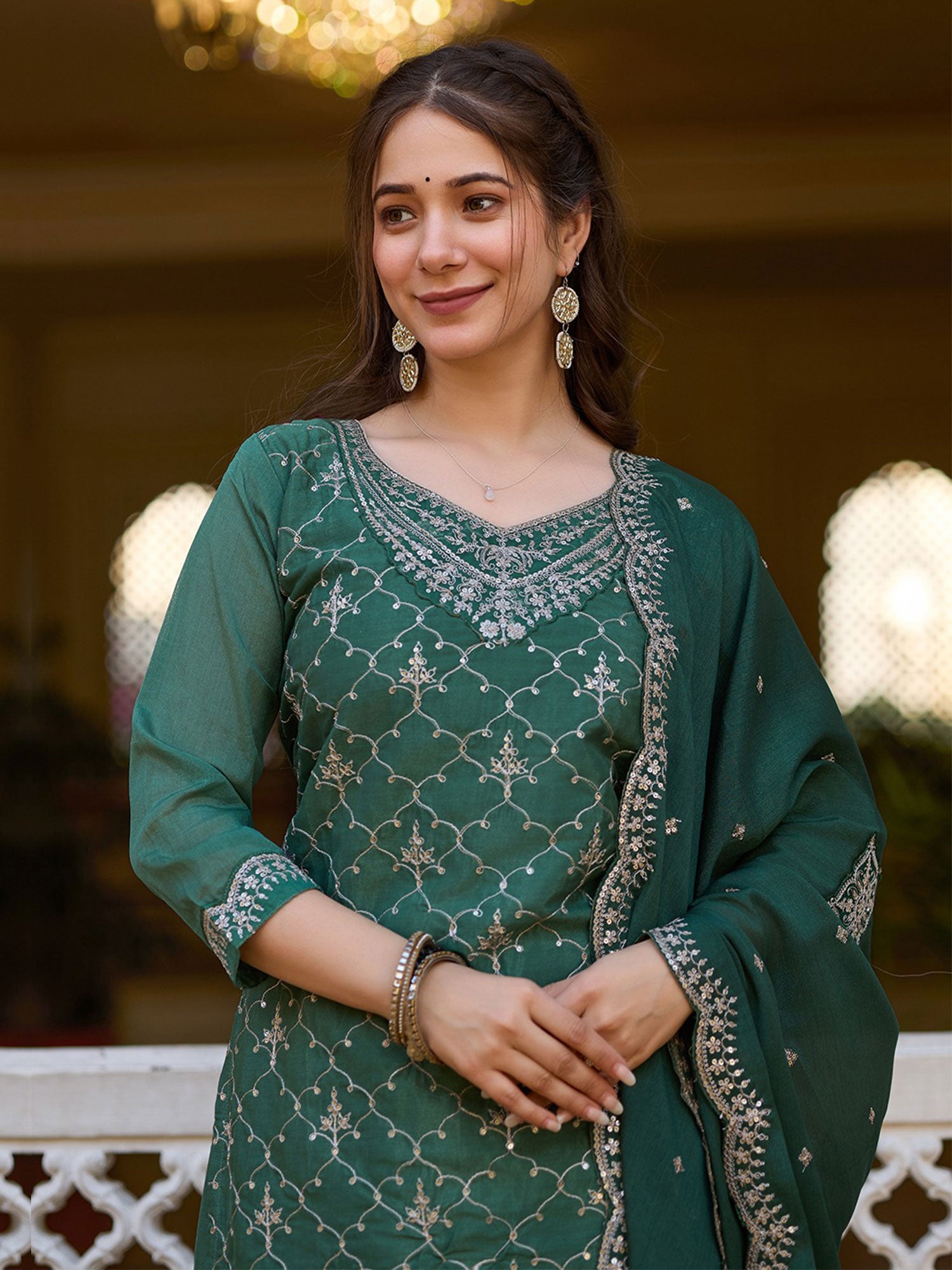 Green Embroidered Palazzo Style Salwar Kameez