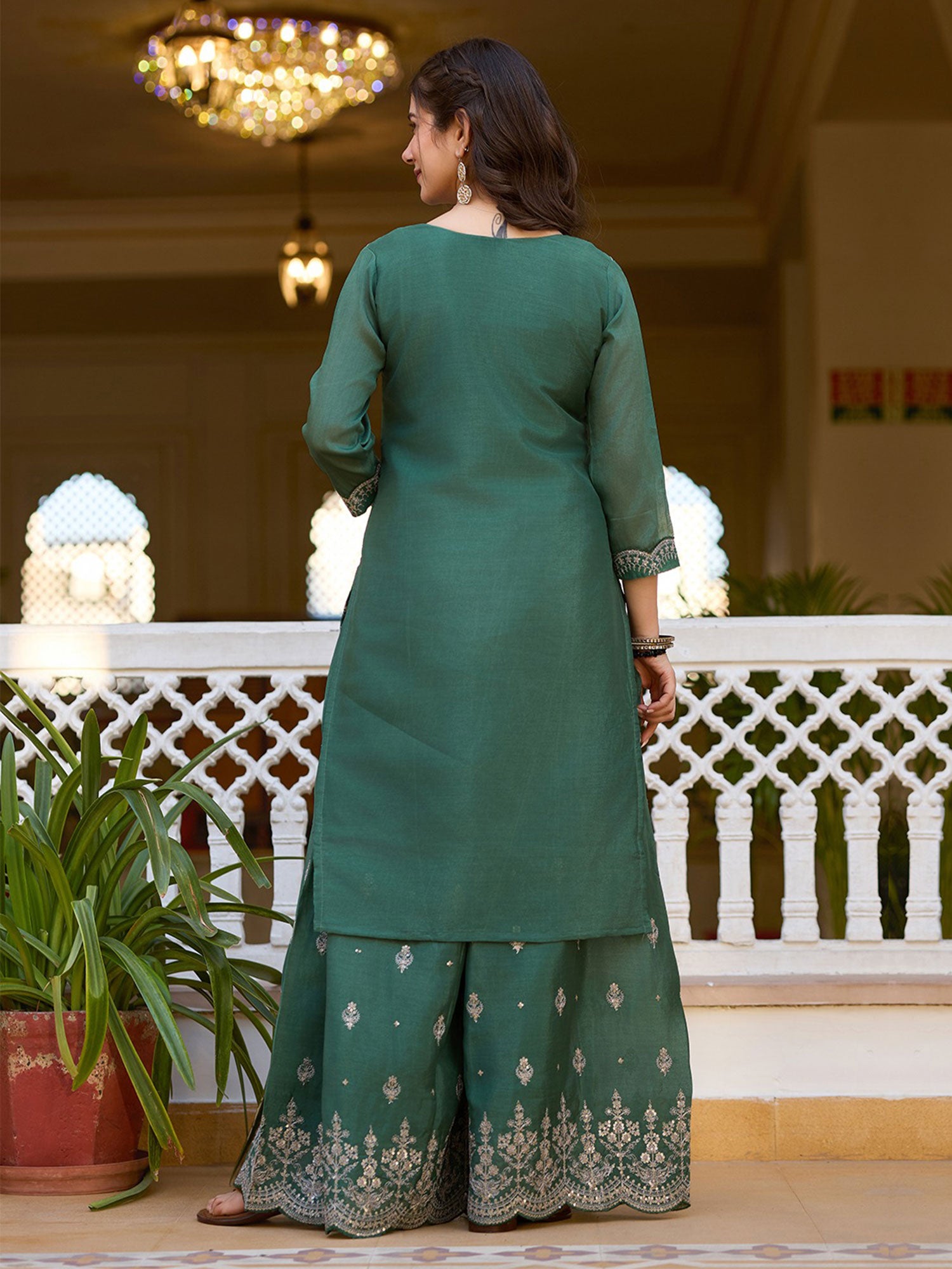 Green Embroidered Palazzo Style Salwar Kameez