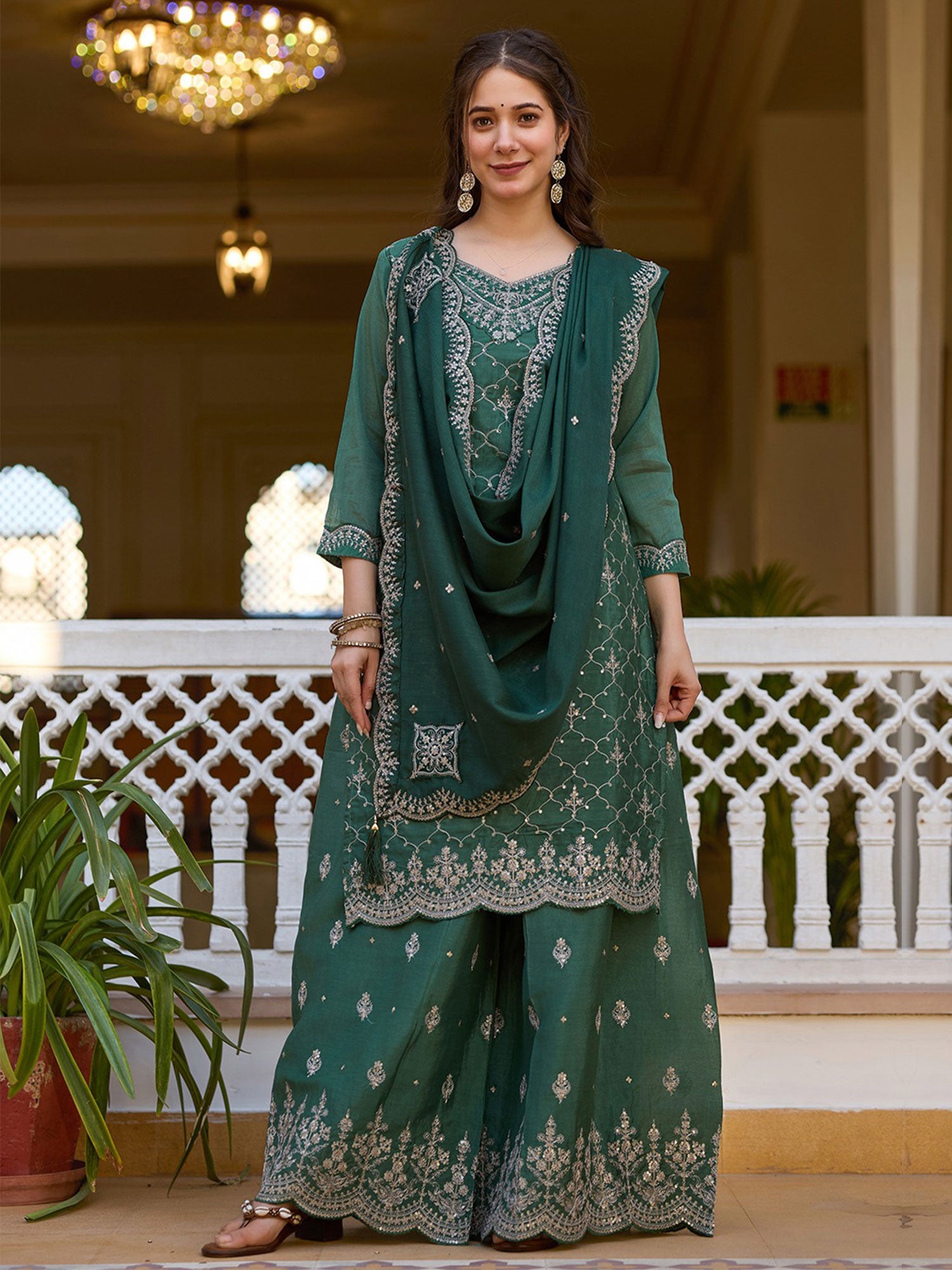 Green Embroidered Palazzo Style Salwar Kameez