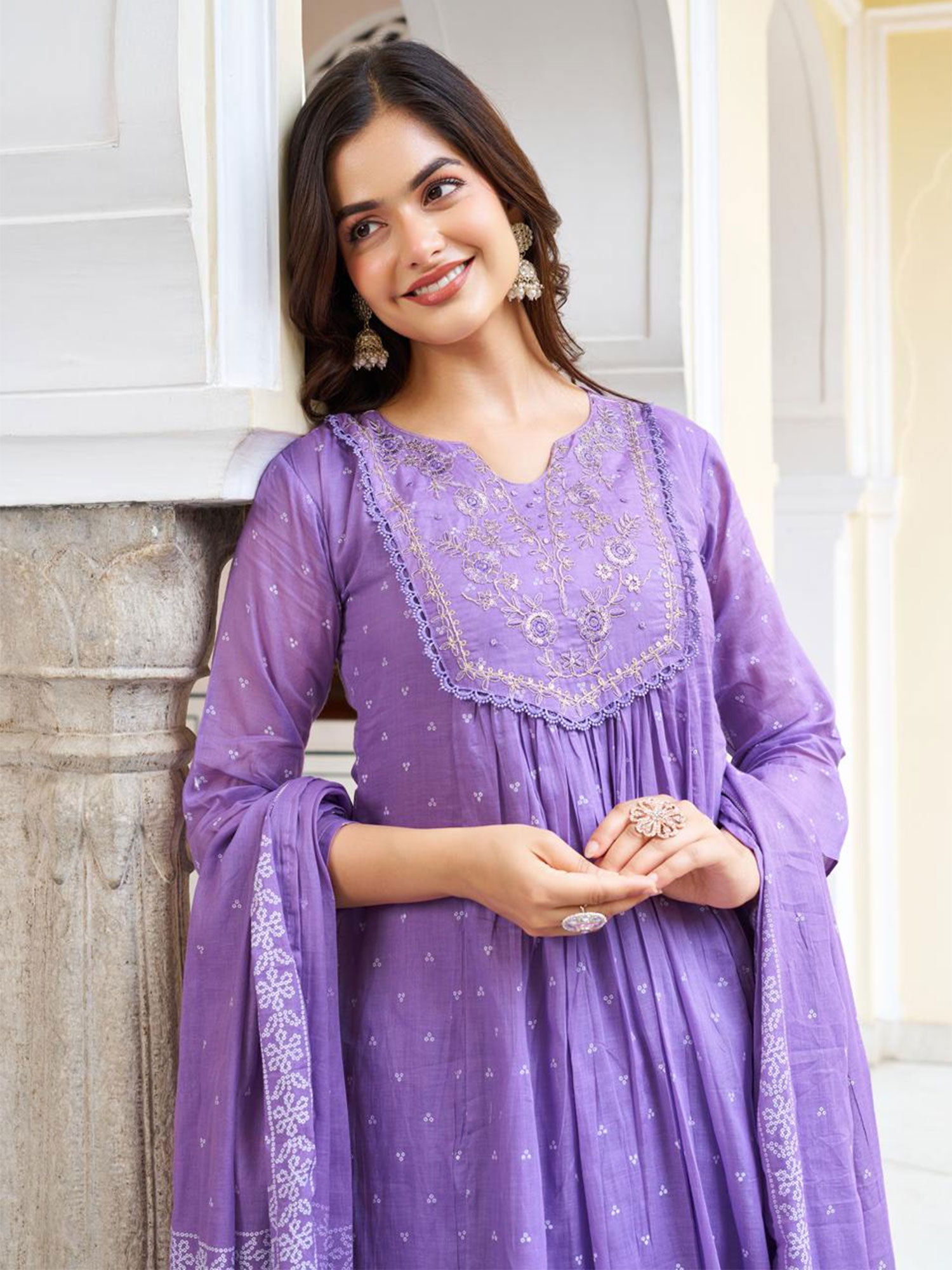 Purple Bandhani Printed Salwar Suit In Pant Style