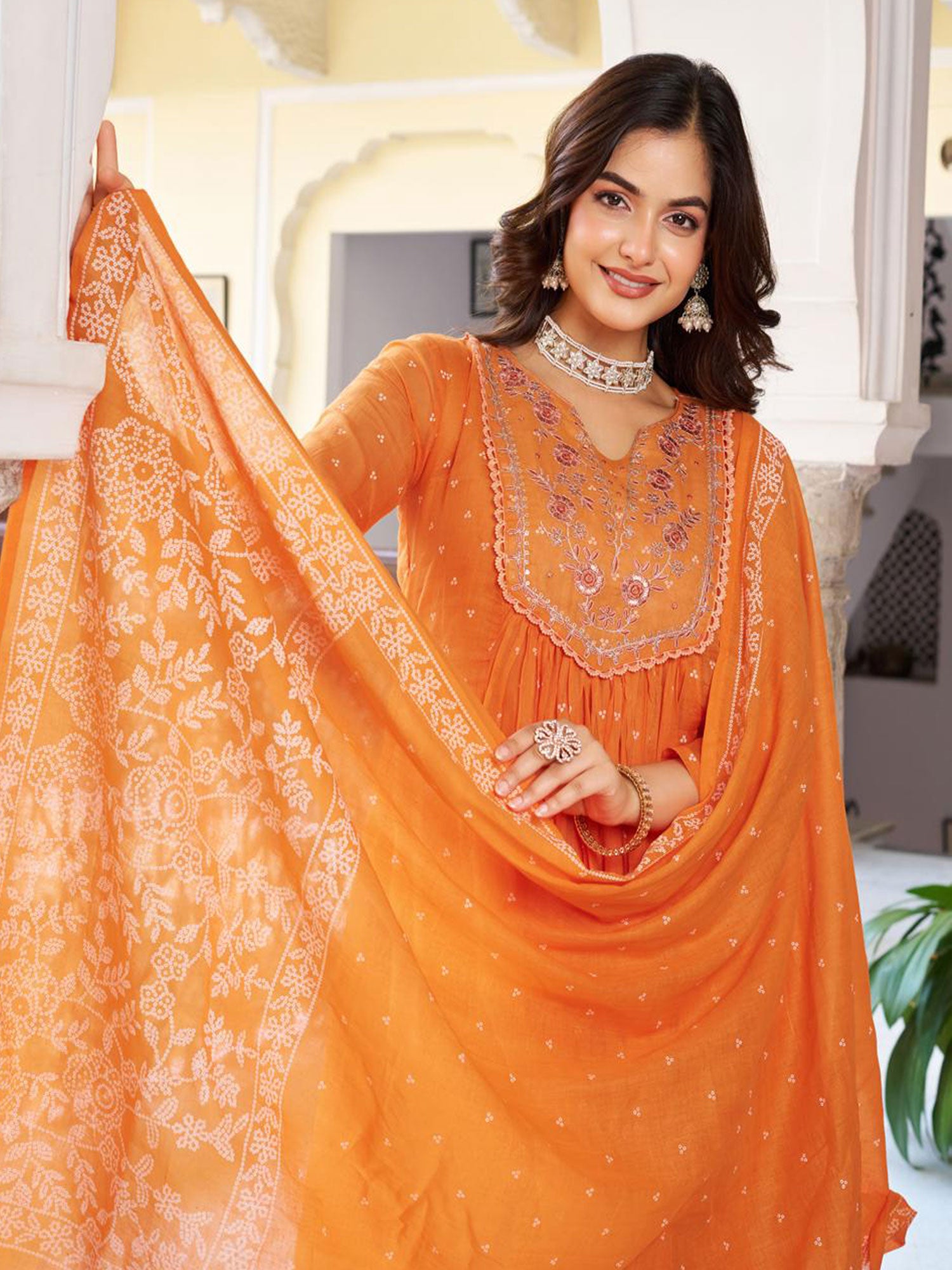 Orange Festive Salwar Suit With Anarkali Style Kameez