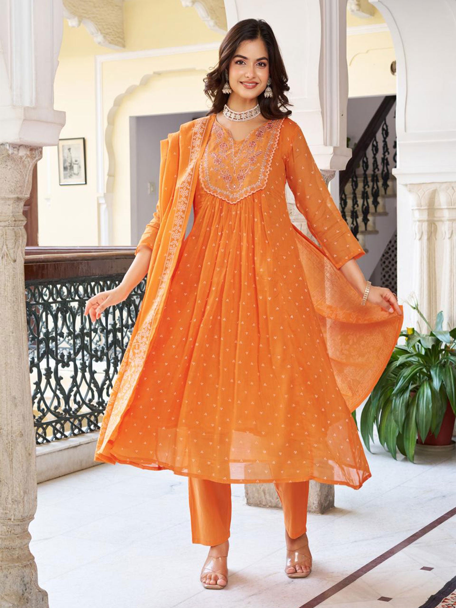 Orange Festive Salwar Suit With Anarkali Style Kameez