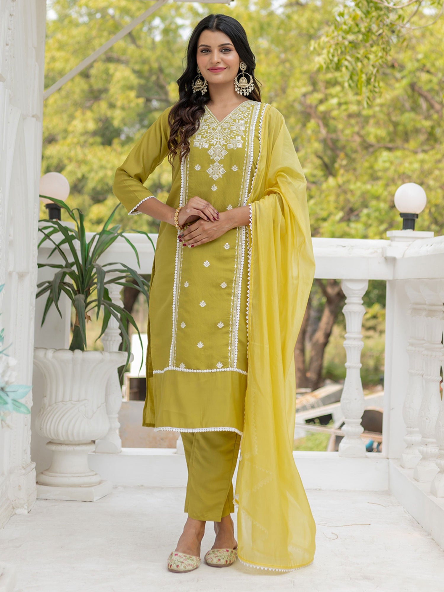 Green Thread Work Salwar Suit In Chanderi Silk