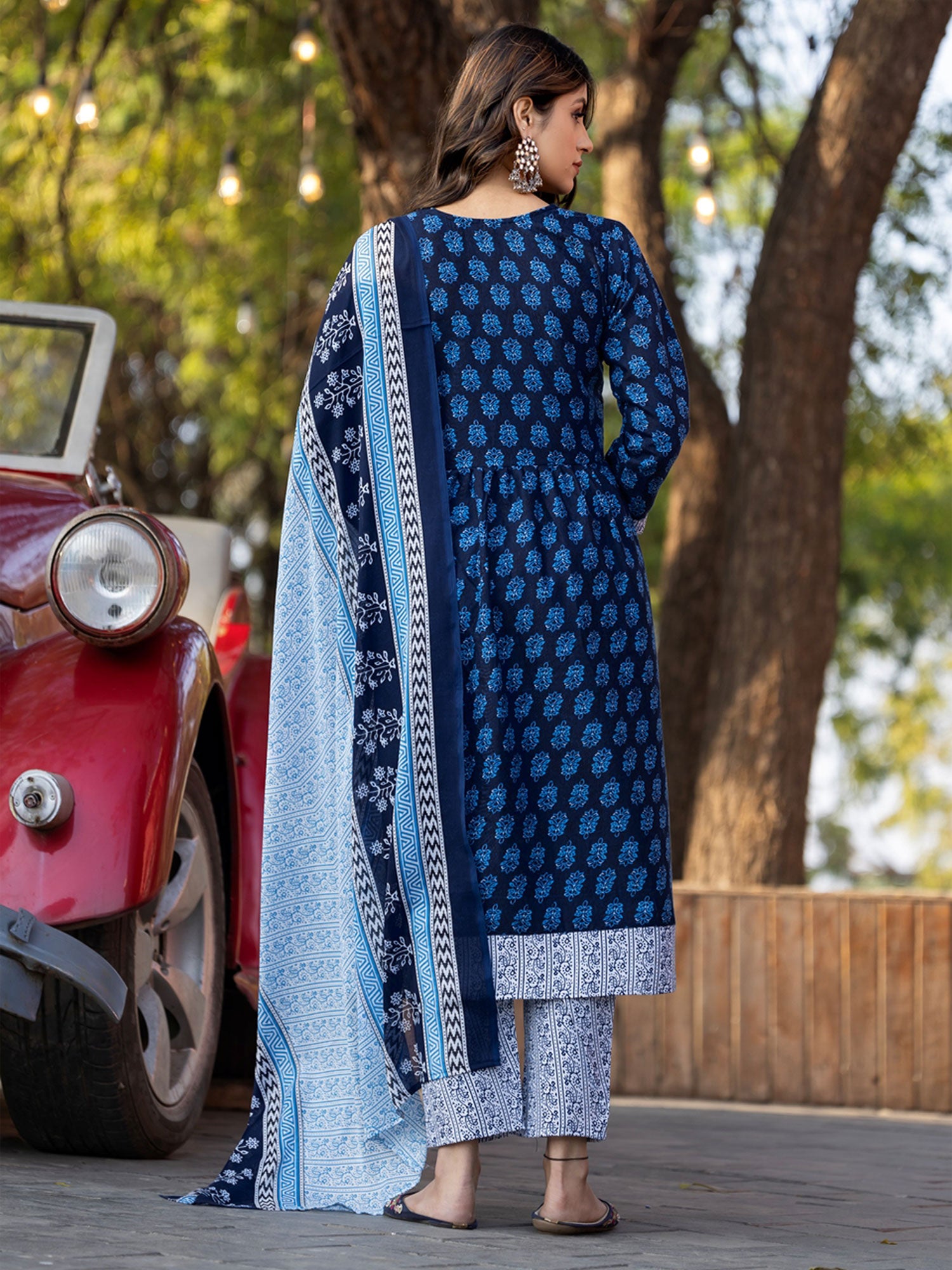 Blue Readymade Cotton Salwar Kameez In Print