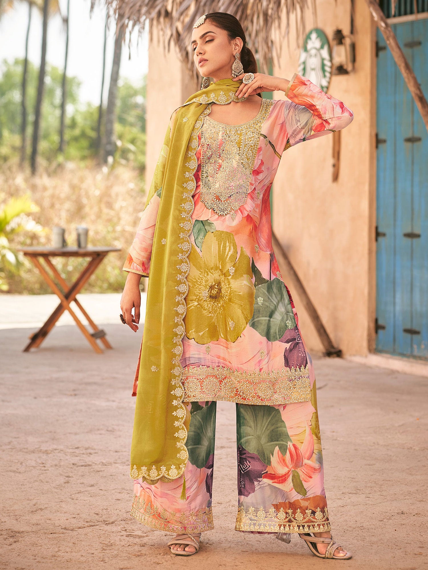 Multicolor Palazzo Suit With Straight Cut Kameez
