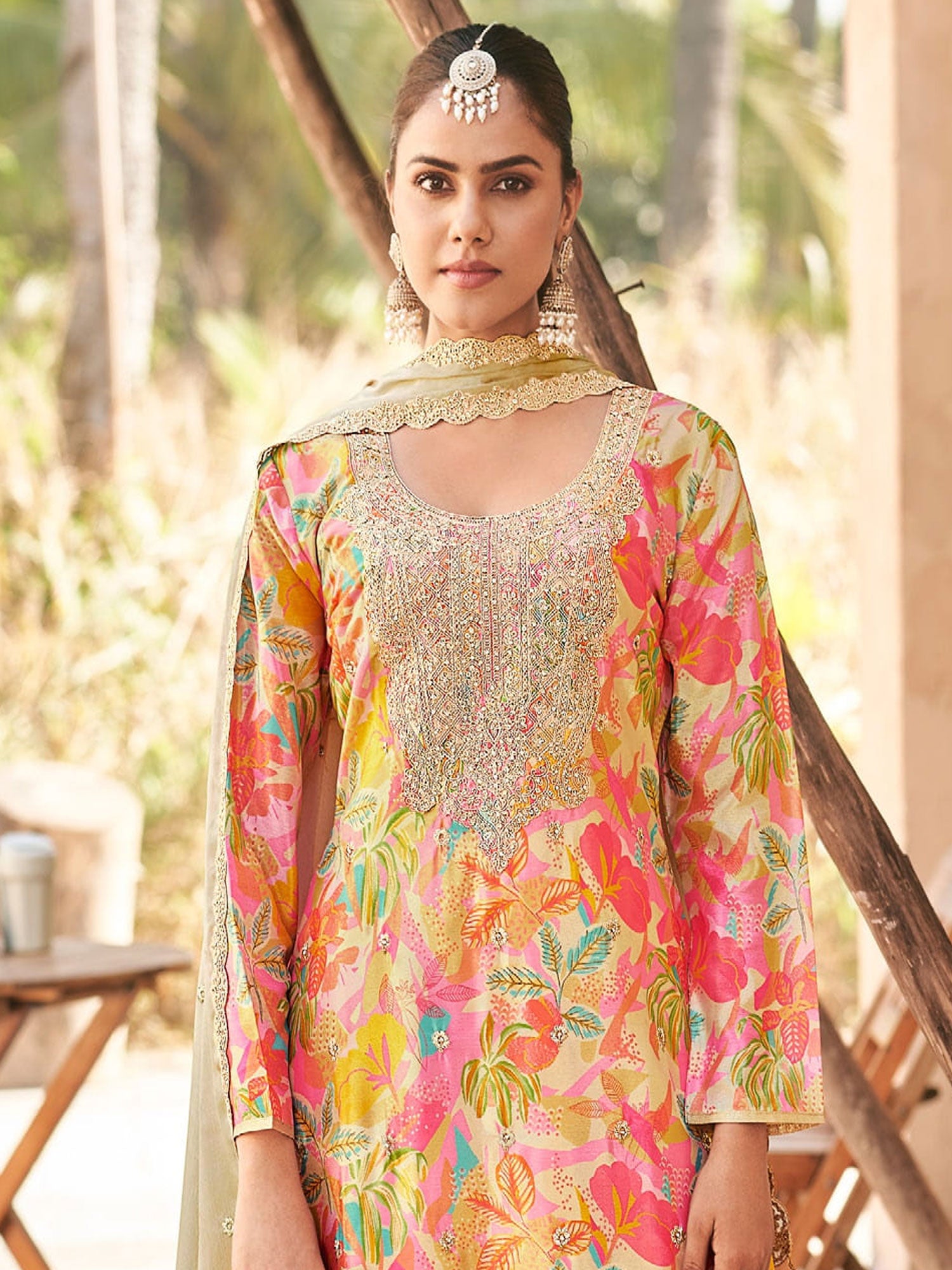 Multicolor Printed Salwar Suit With Organza Dupatta