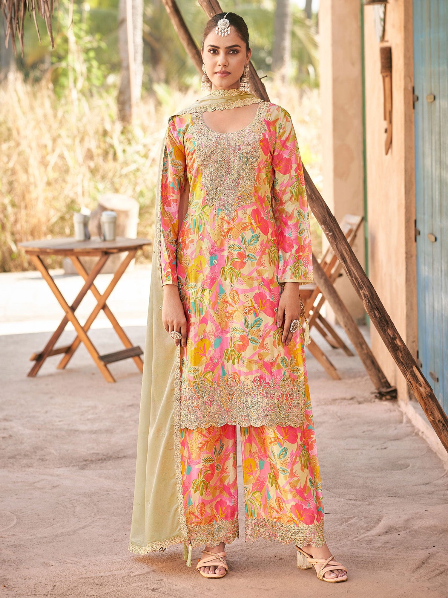 Multicolor Printed Salwar Suit With Organza Dupatta