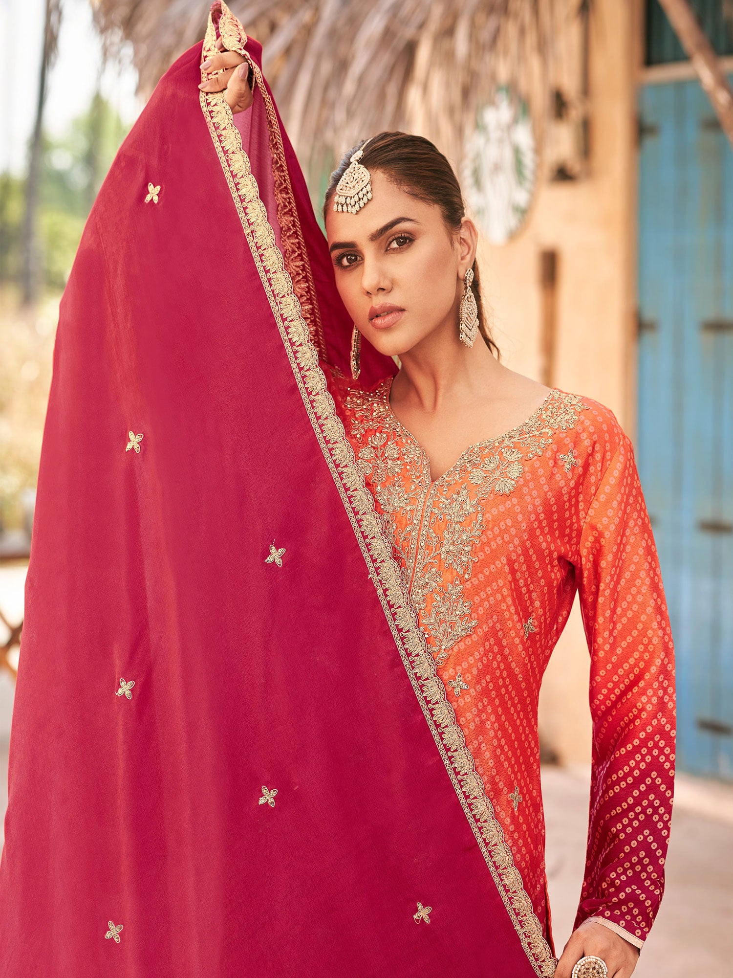 Orange And Red Bandhani Printed Salwar Kameez