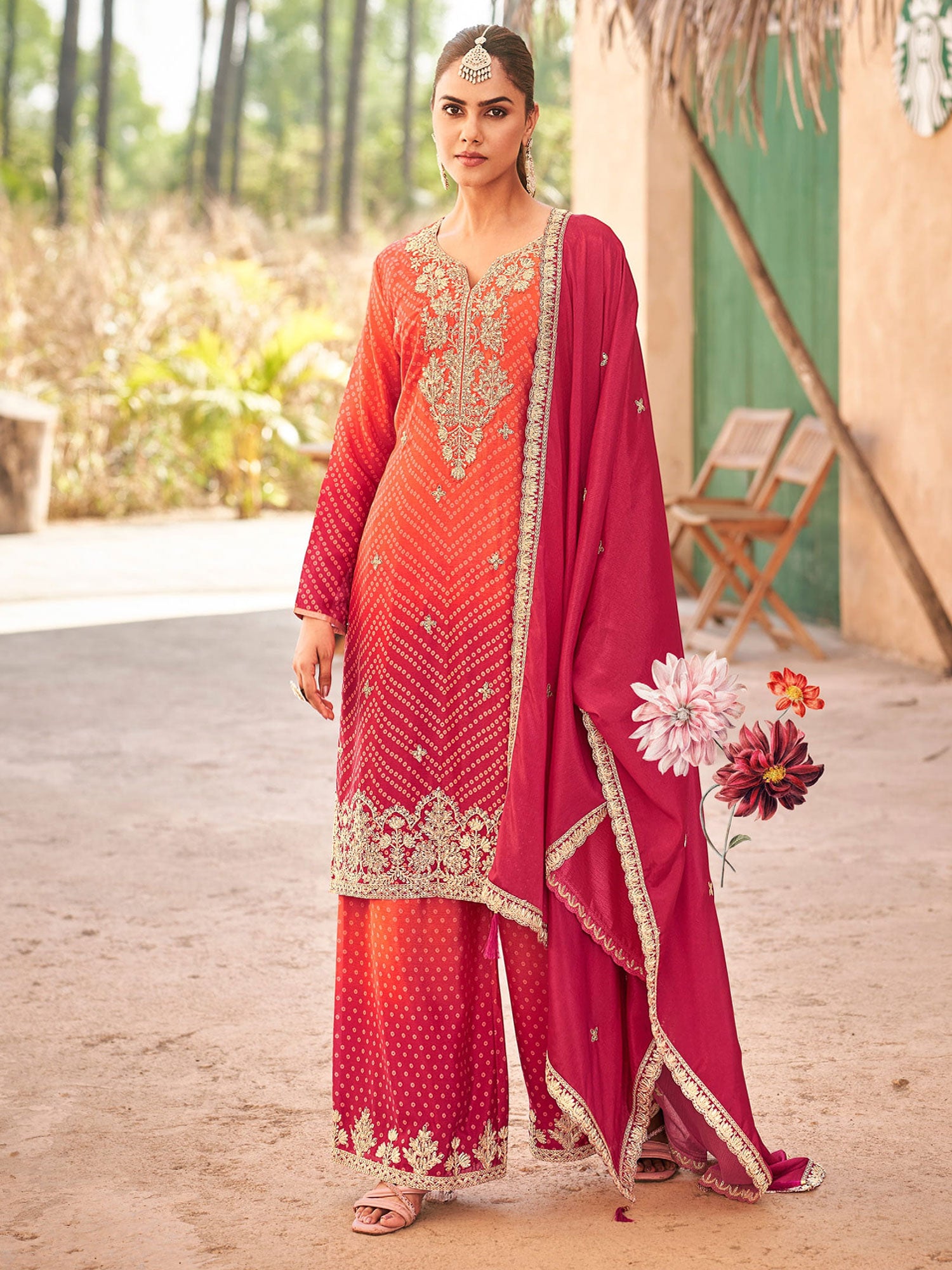 Orange And Red Bandhani Printed Salwar Kameez