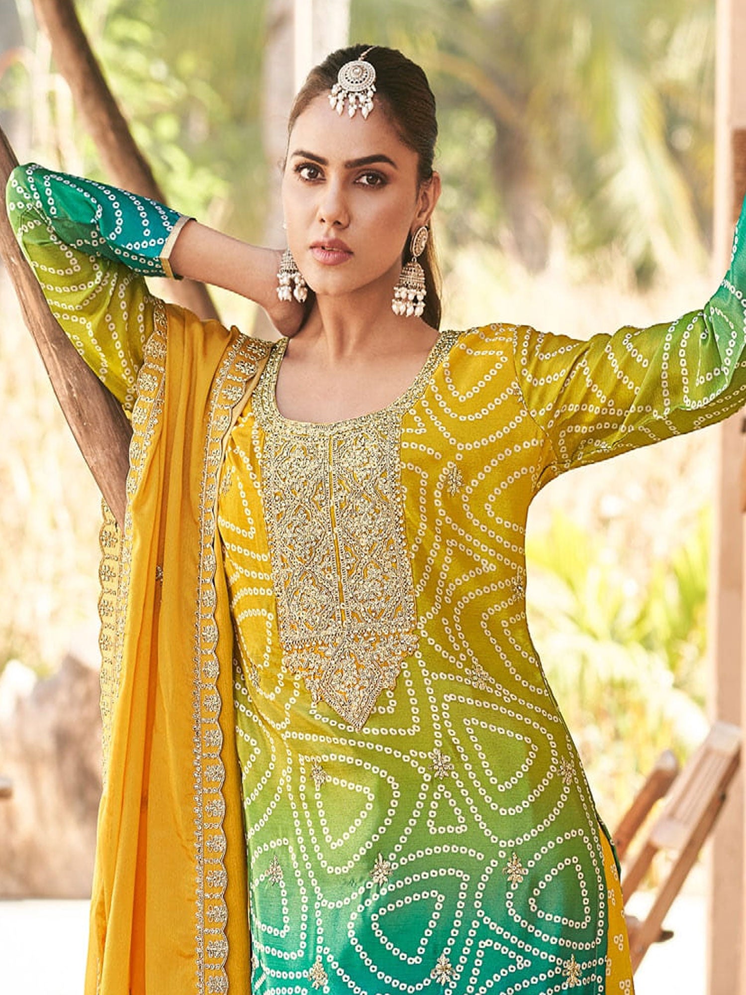 Yellow And Green Shaded Palazzo Style Suit Set