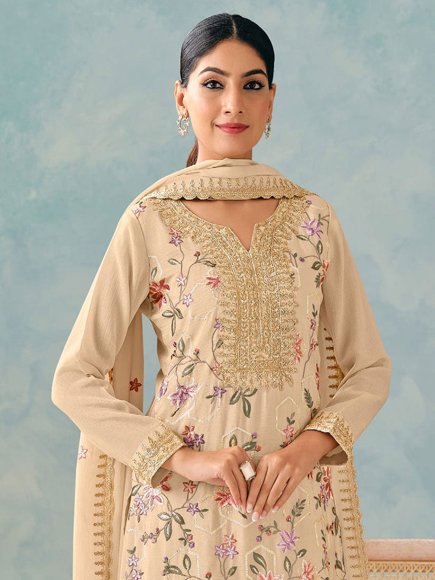 Beige Palazzo Suit In Floral Thread Embroidery