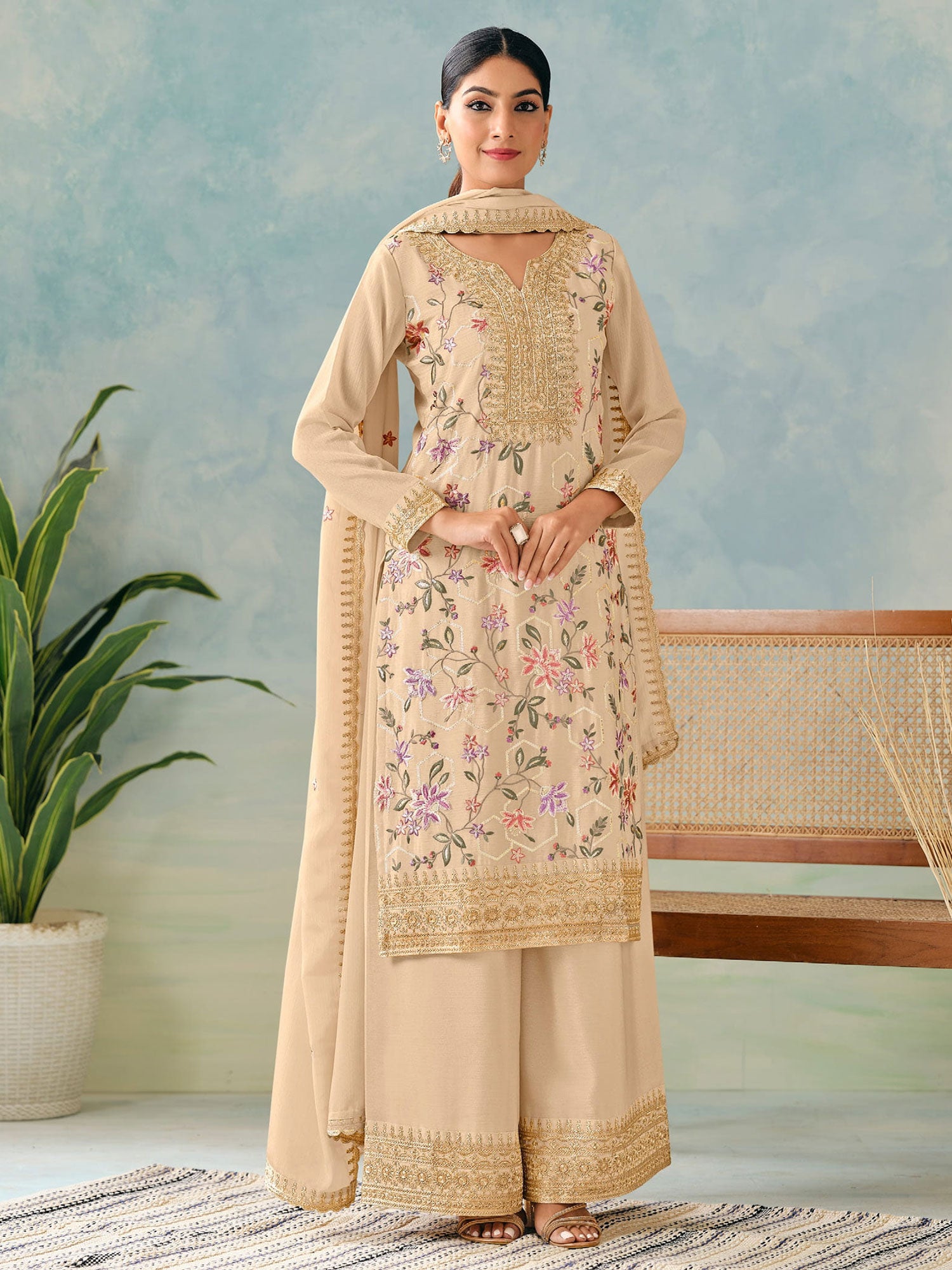 Beige Palazzo Suit In Floral Thread Embroidery