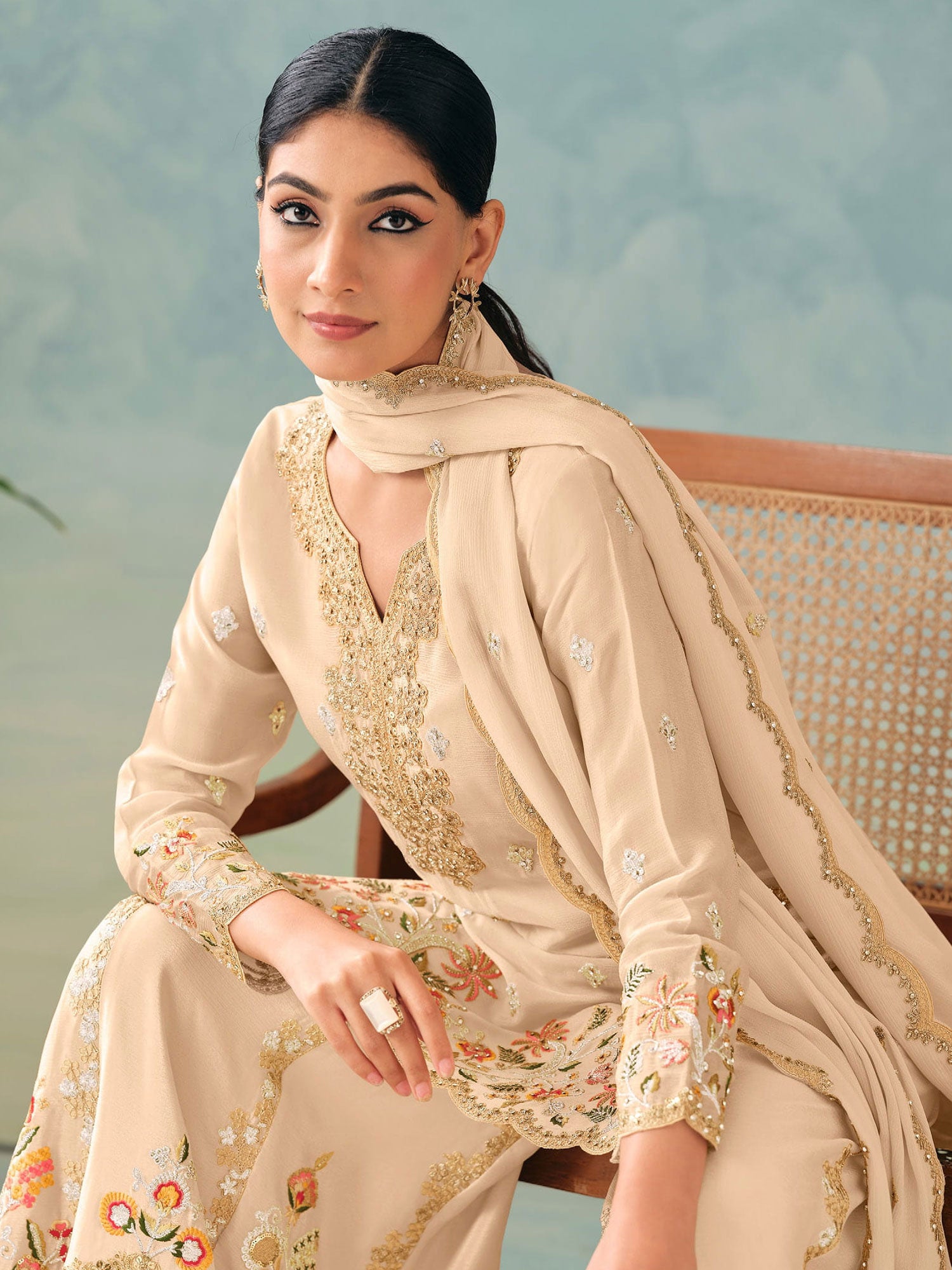 Beige Heavy Embroidered Salwar Suit In Palazzo Style