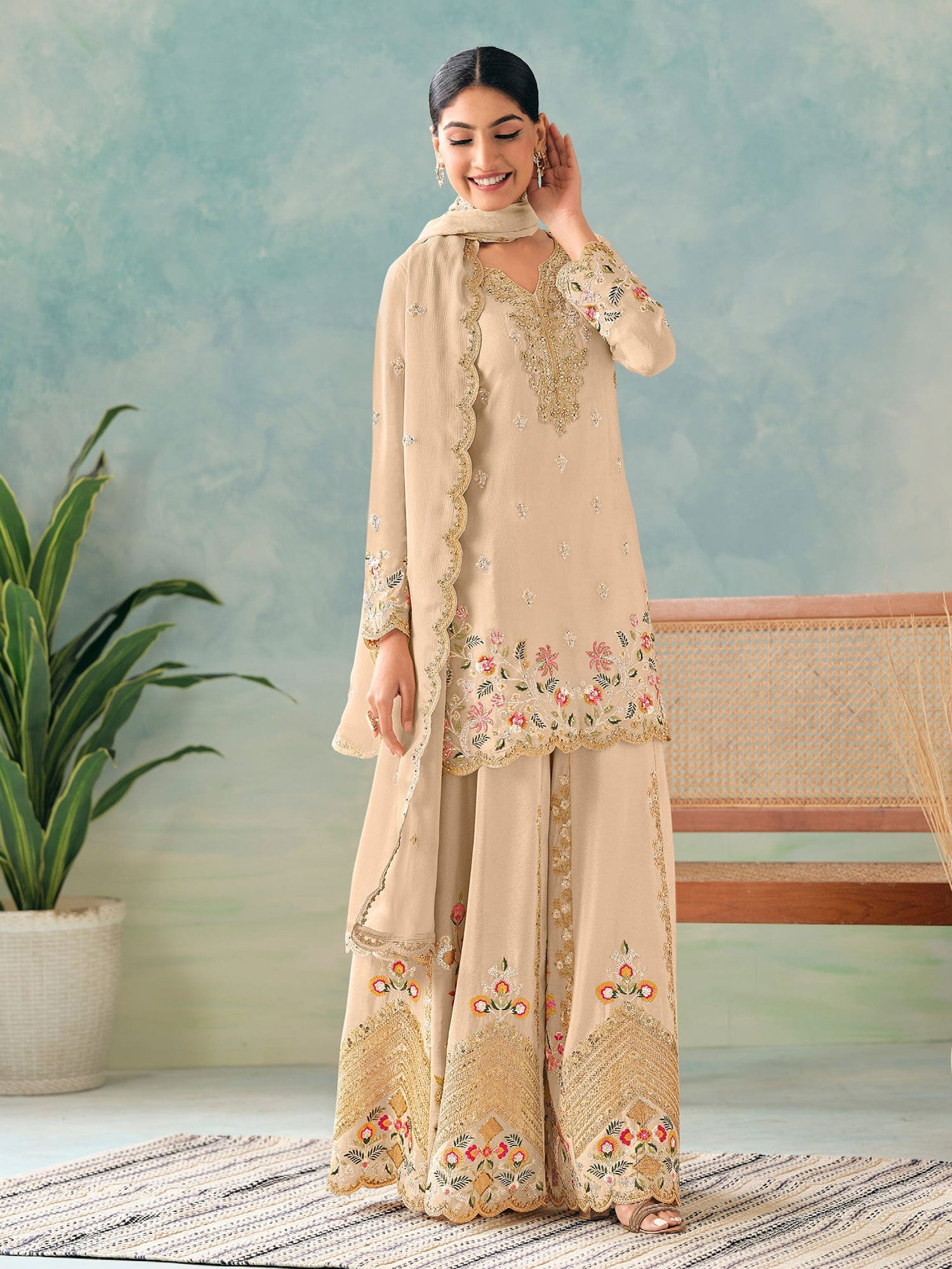 Beige Heavy Embroidered Salwar Suit In Palazzo Style