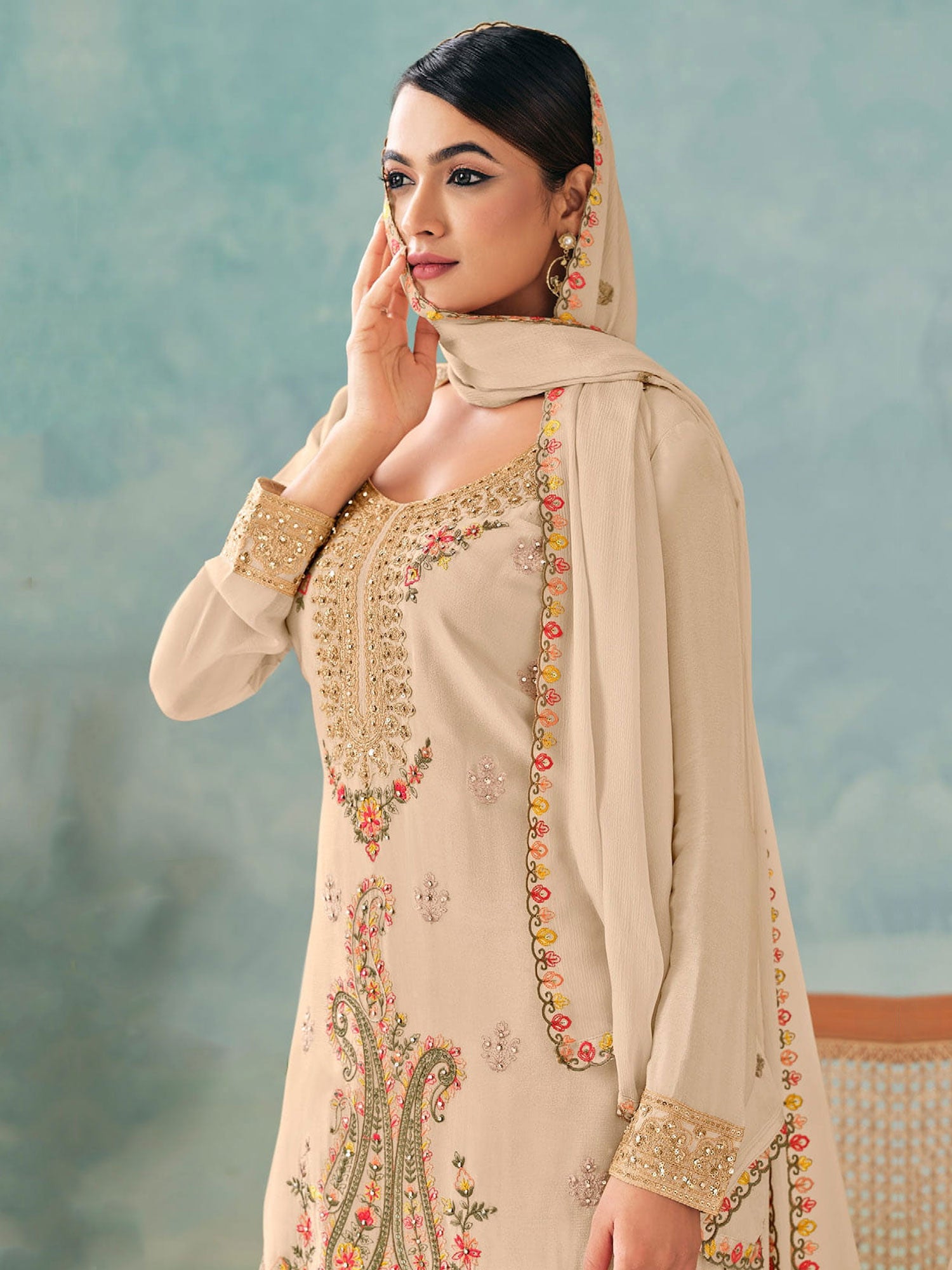 Beige Wedding Salwar Kameez In Zari Embellishments