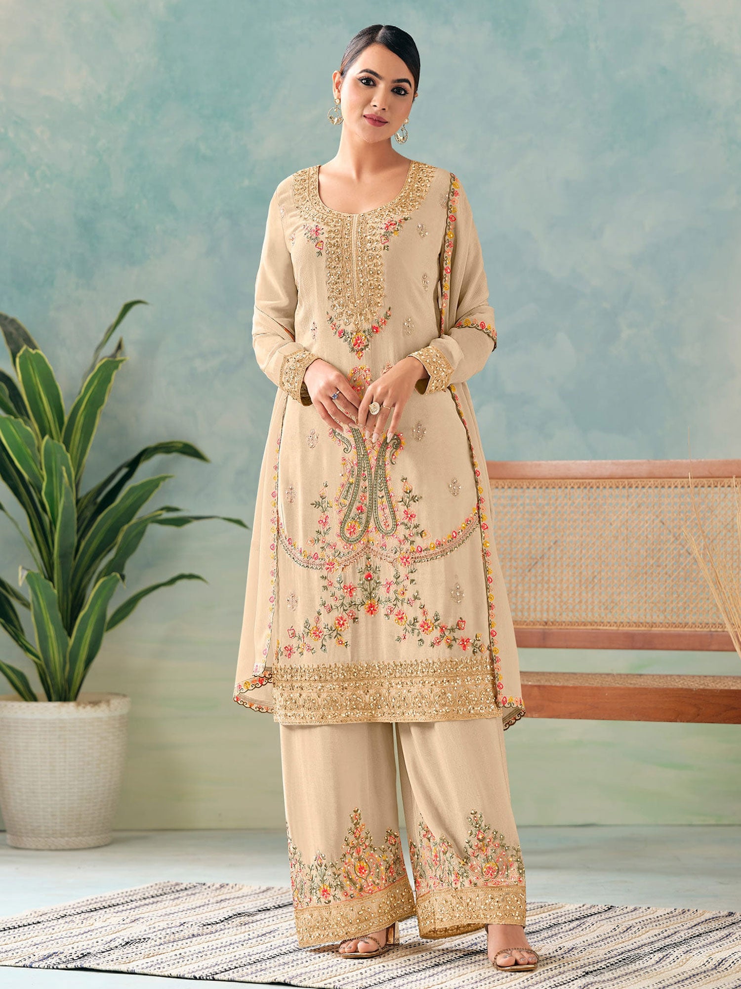 Beige Wedding Salwar Kameez In Zari Embellishments