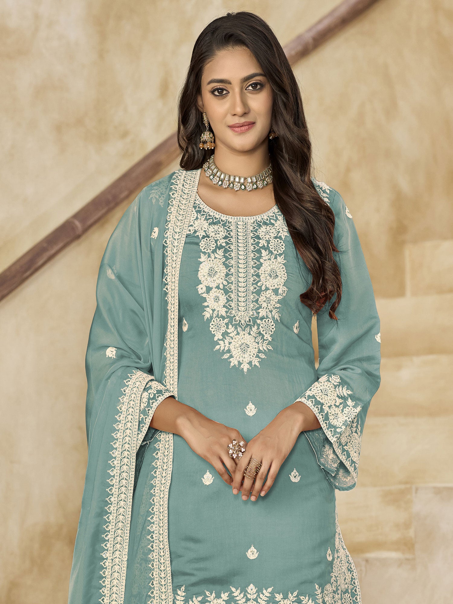 Blue Casual Punjabi Suit With Dupatta In Organza
