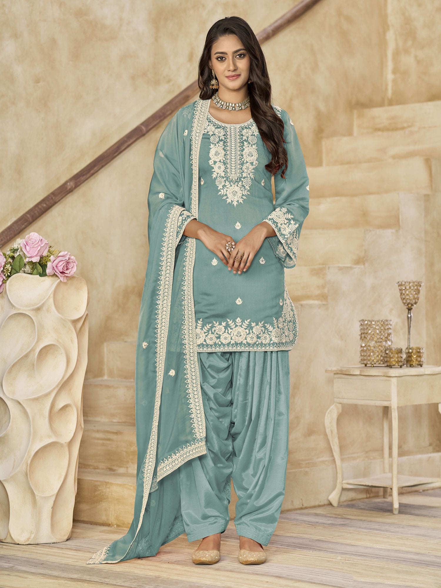 Blue Casual Punjabi Suit With Dupatta In Organza