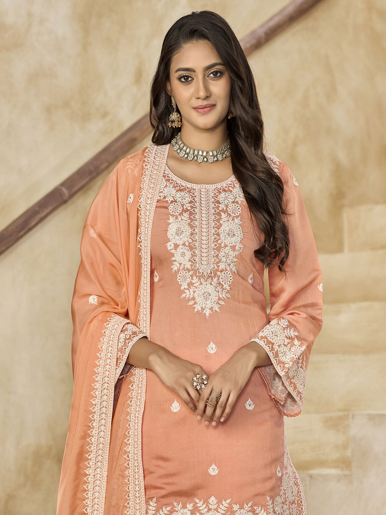 Peach Sequins Work Enhanced Silk Salwar Kameez