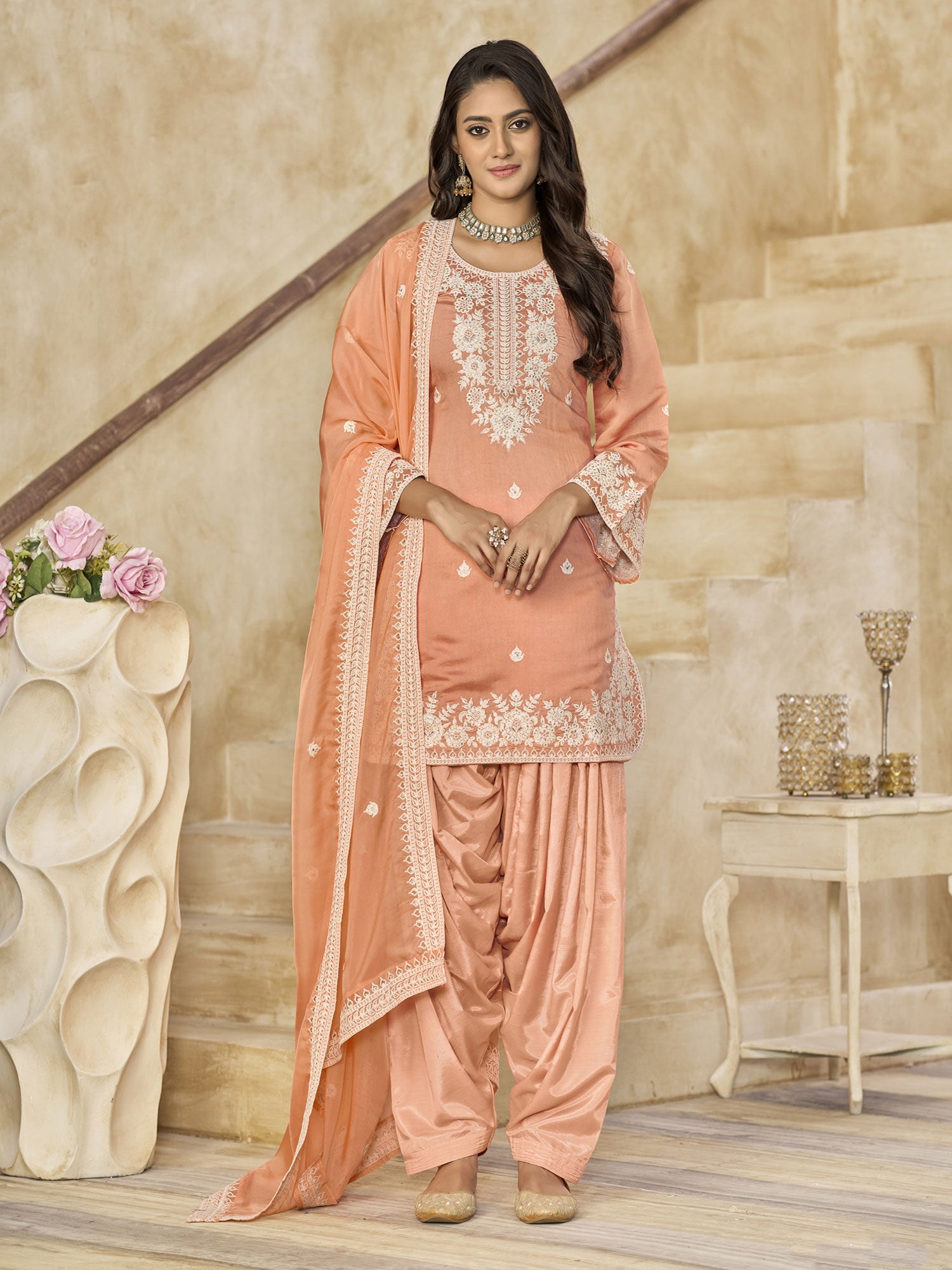 Peach Sequins Work Enhanced Silk Salwar Kameez