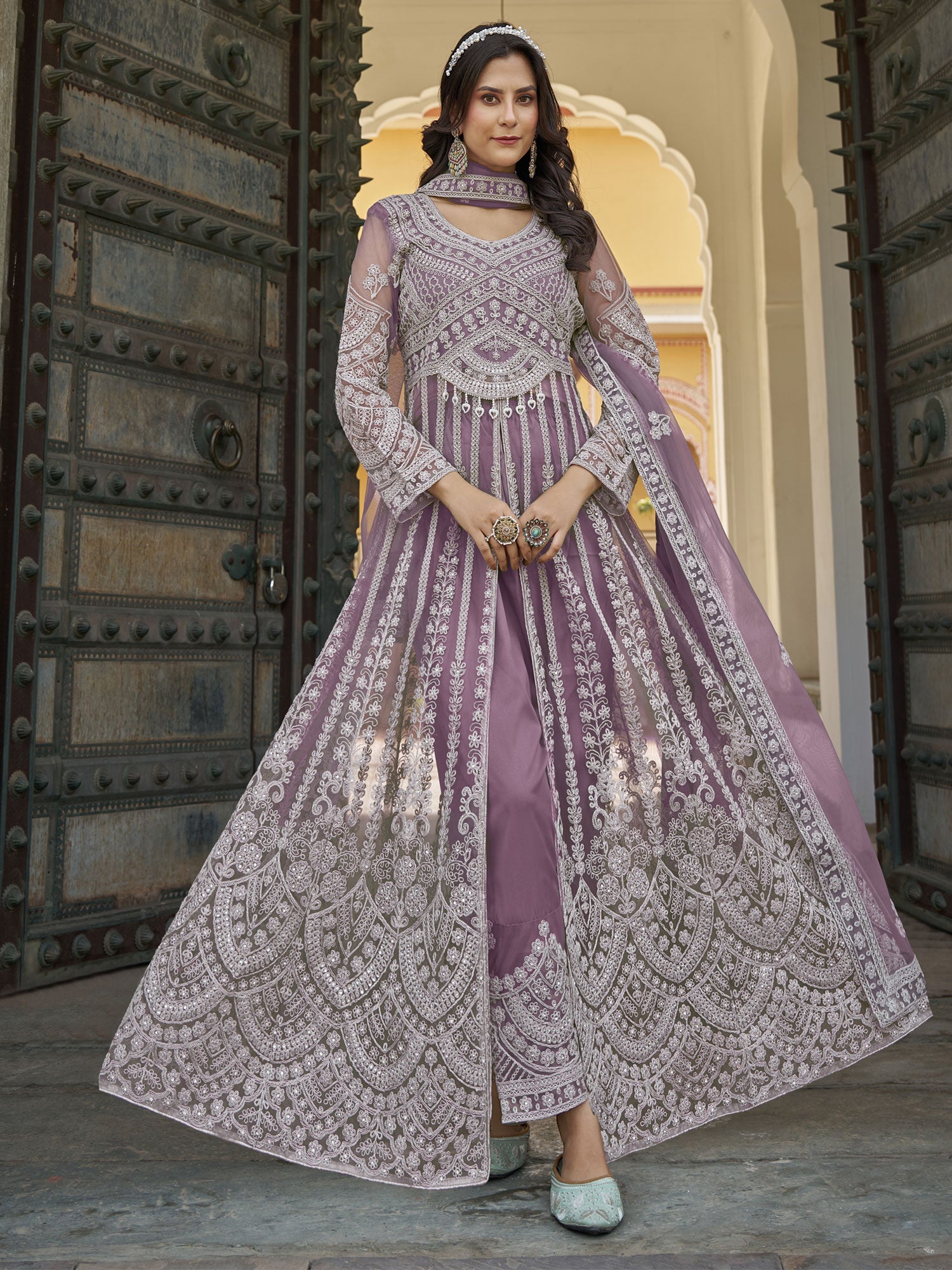Purple Silver Zari Embellished Pant Style Kameez