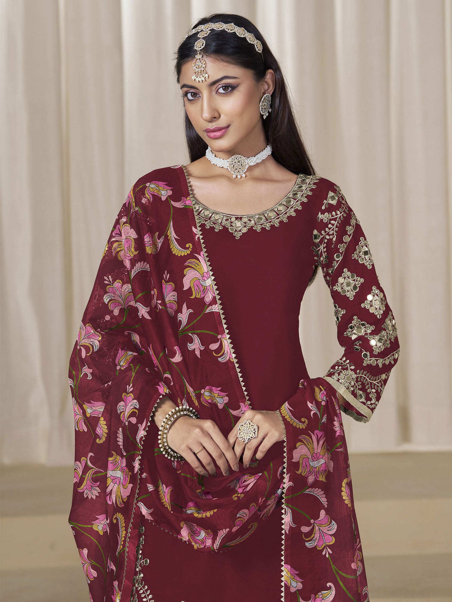 Maroon Silk Punjabi Suit With Printed Dupatta
