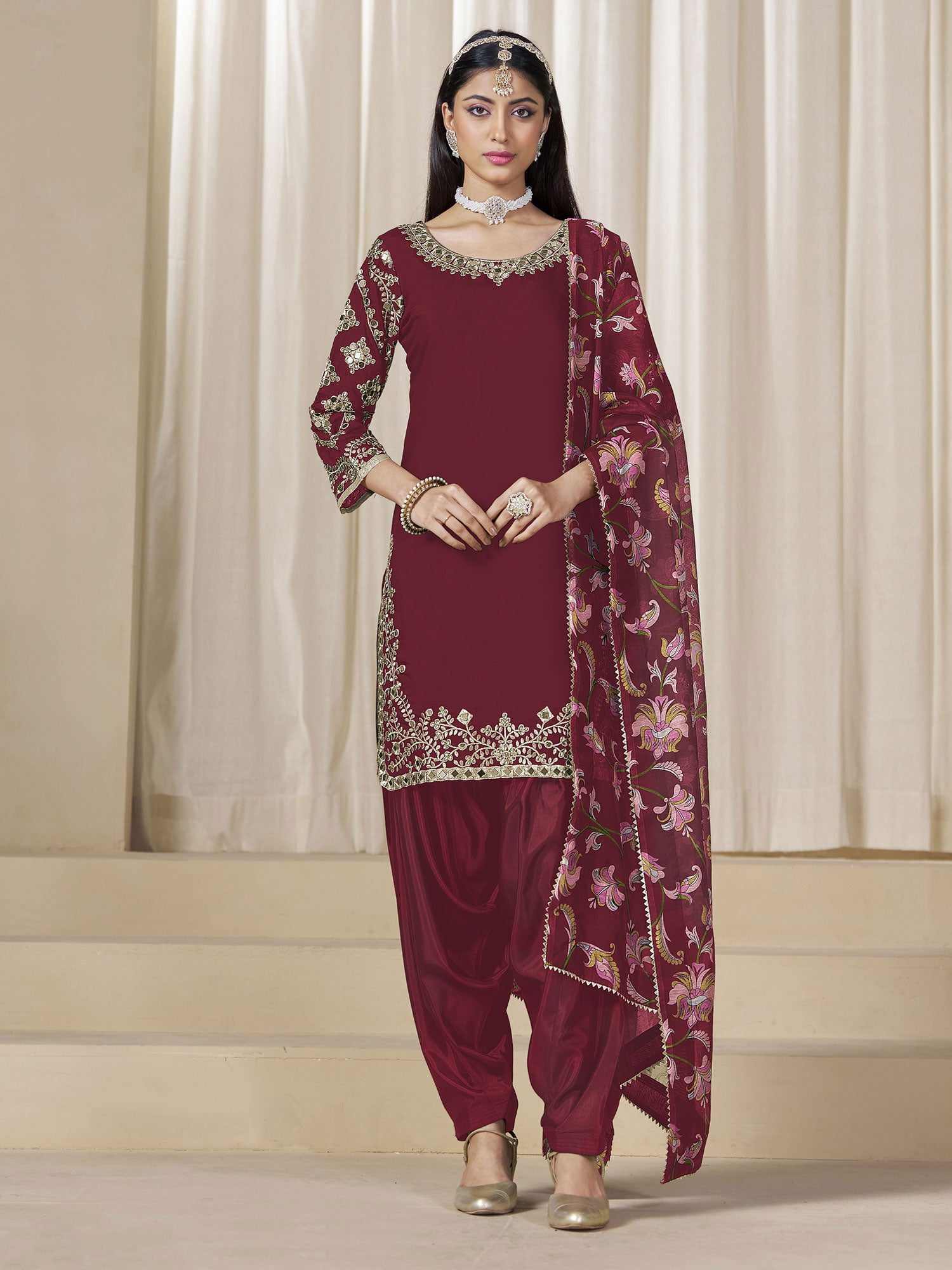 Maroon Silk Punjabi Suit With Printed Dupatta
