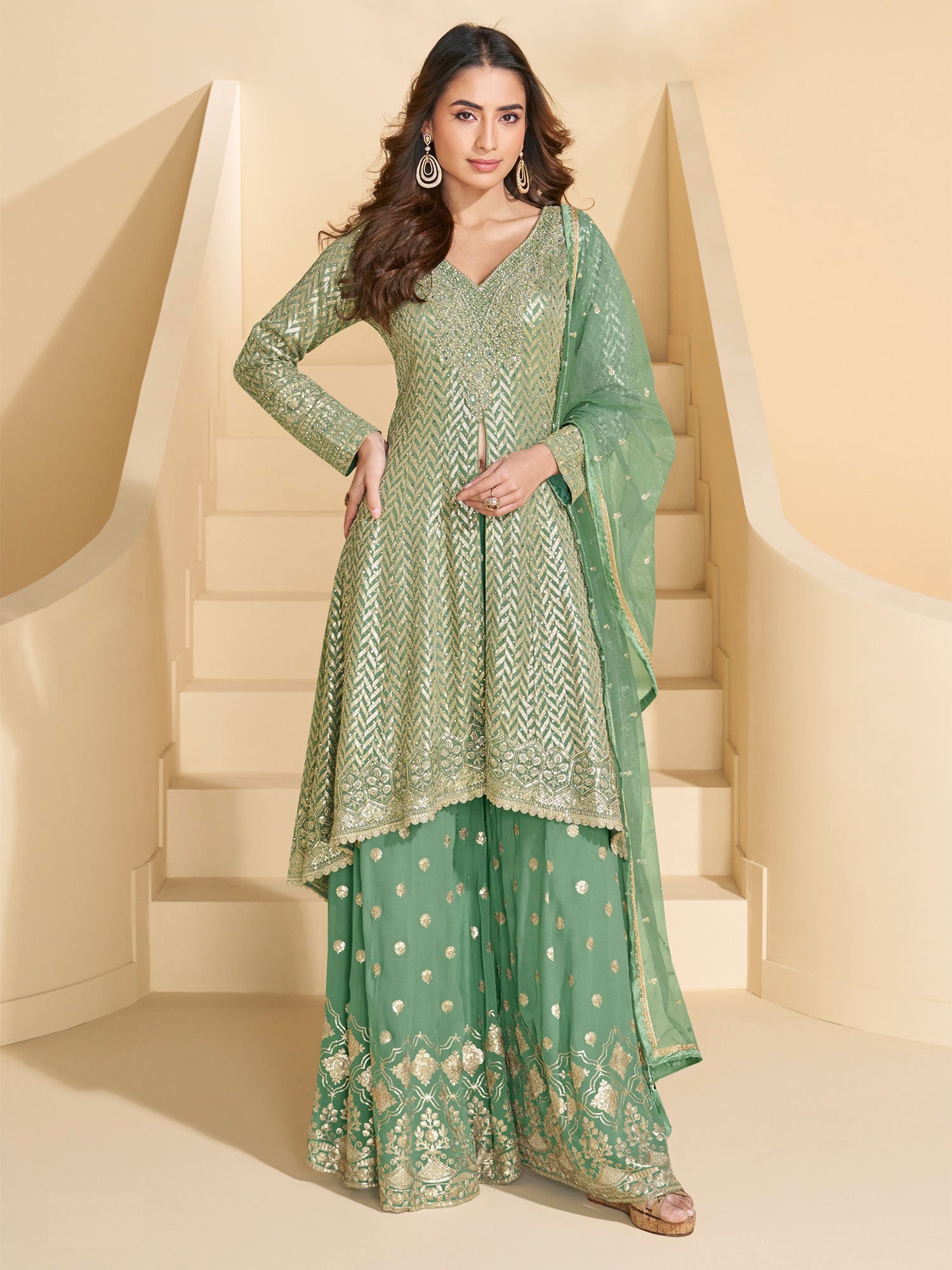 Green Full Sleeved Palazzo Suit With Flare Kameez