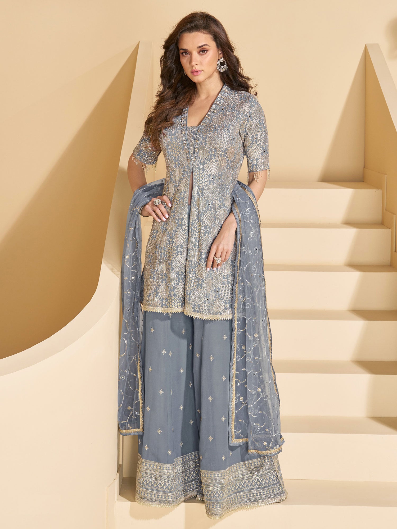 Slate Grey Mirror Embroidered Palazzo Style Suit