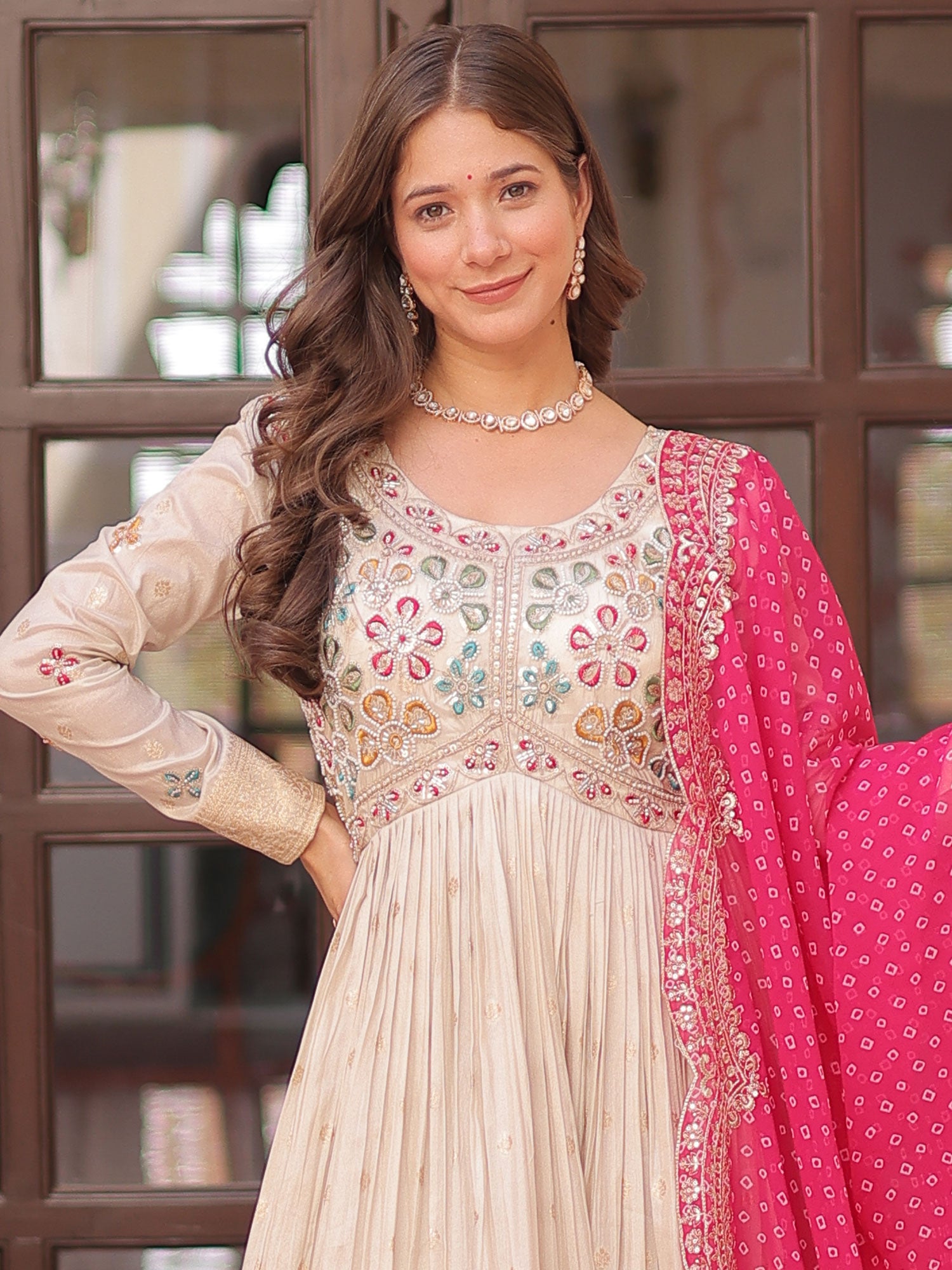 Off White Party Anarkali Suit With Printed Dupatta