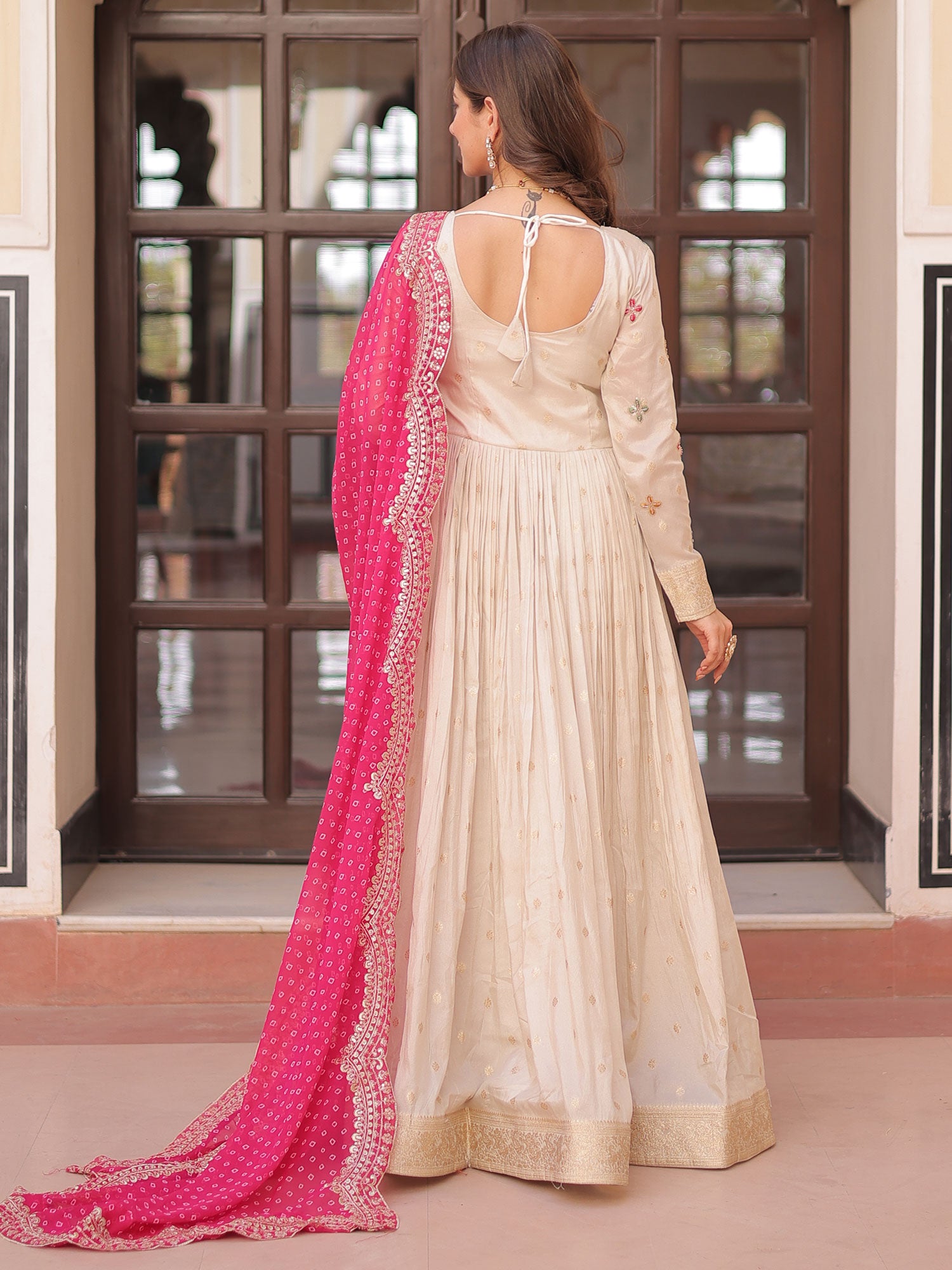 Off White Party Anarkali Suit With Printed Dupatta