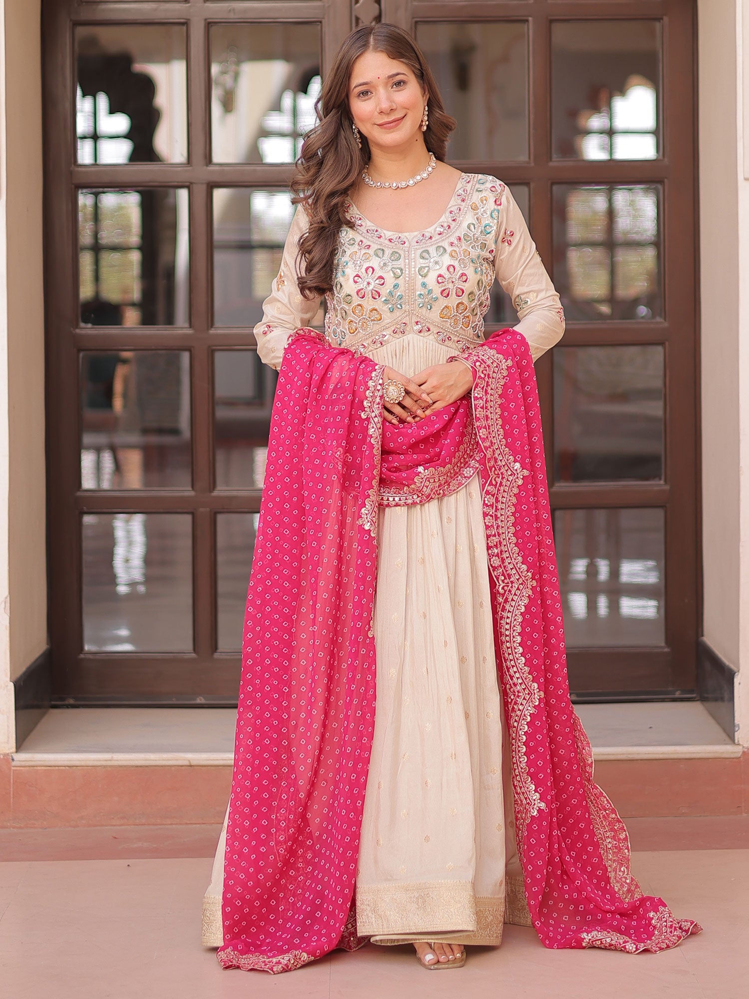 Off White Party Anarkali Suit With Printed Dupatta