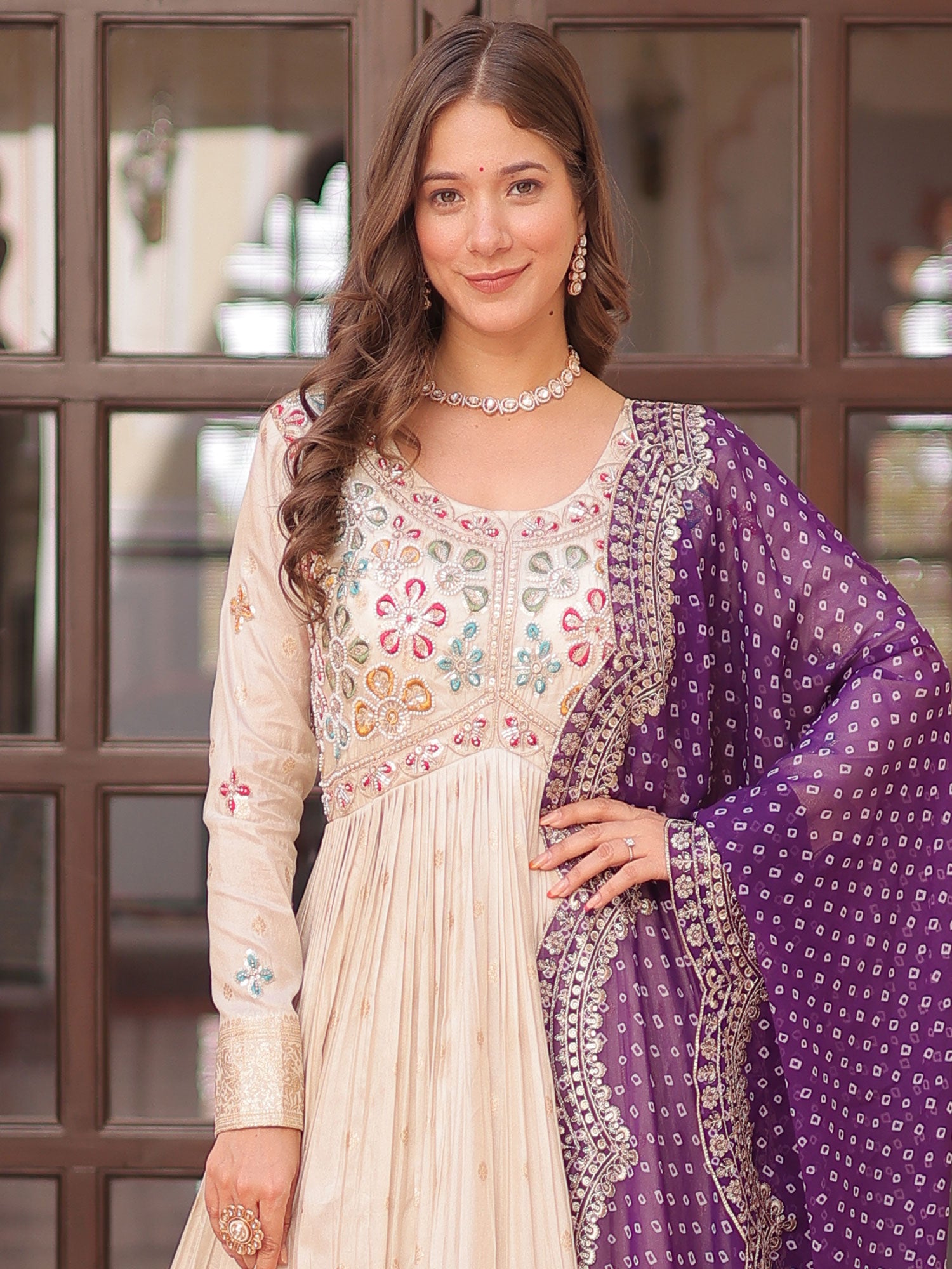 Off White Readymade Salwar Kameez In Jacquard