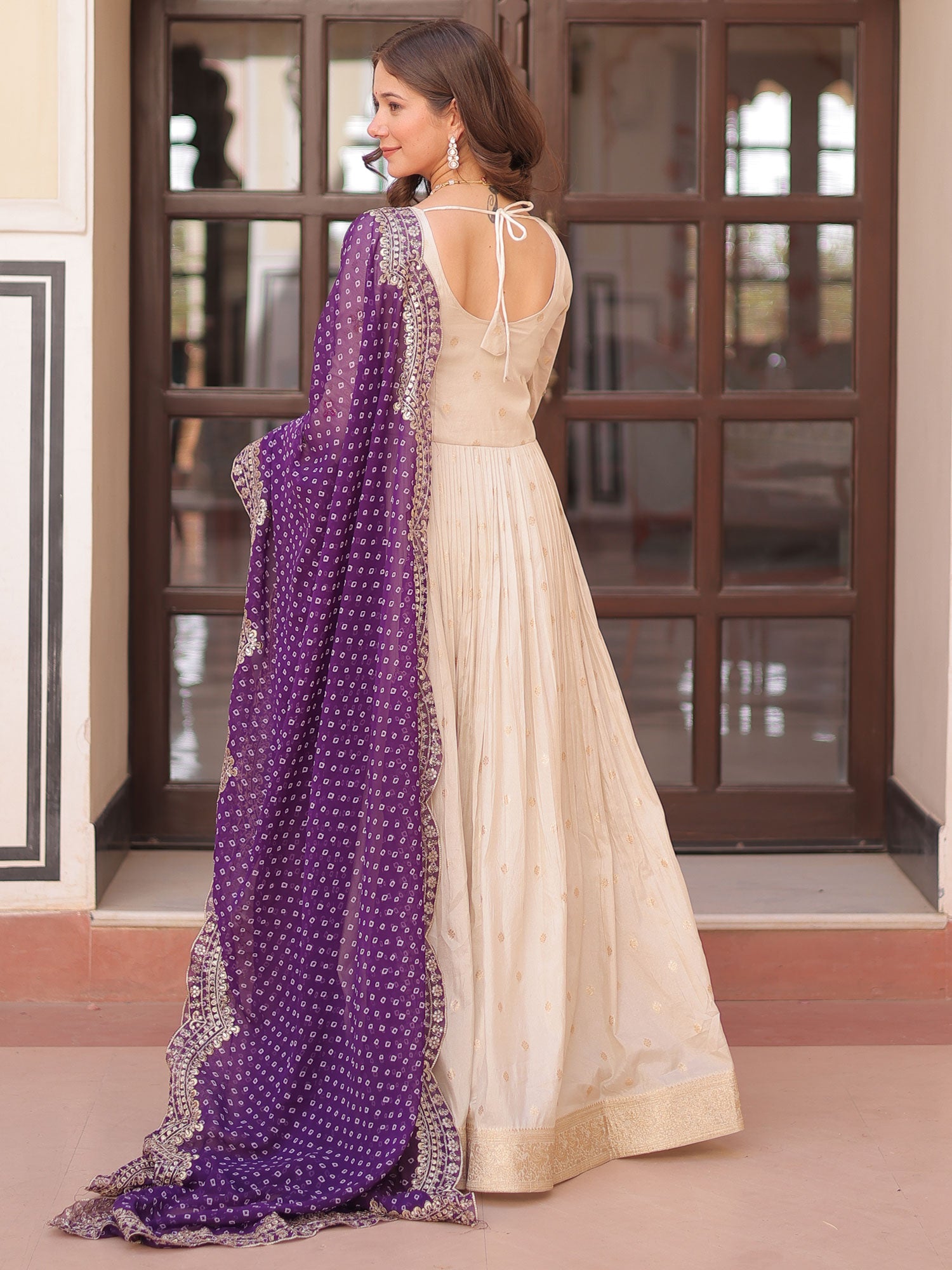 Off White Readymade Salwar Kameez In Jacquard