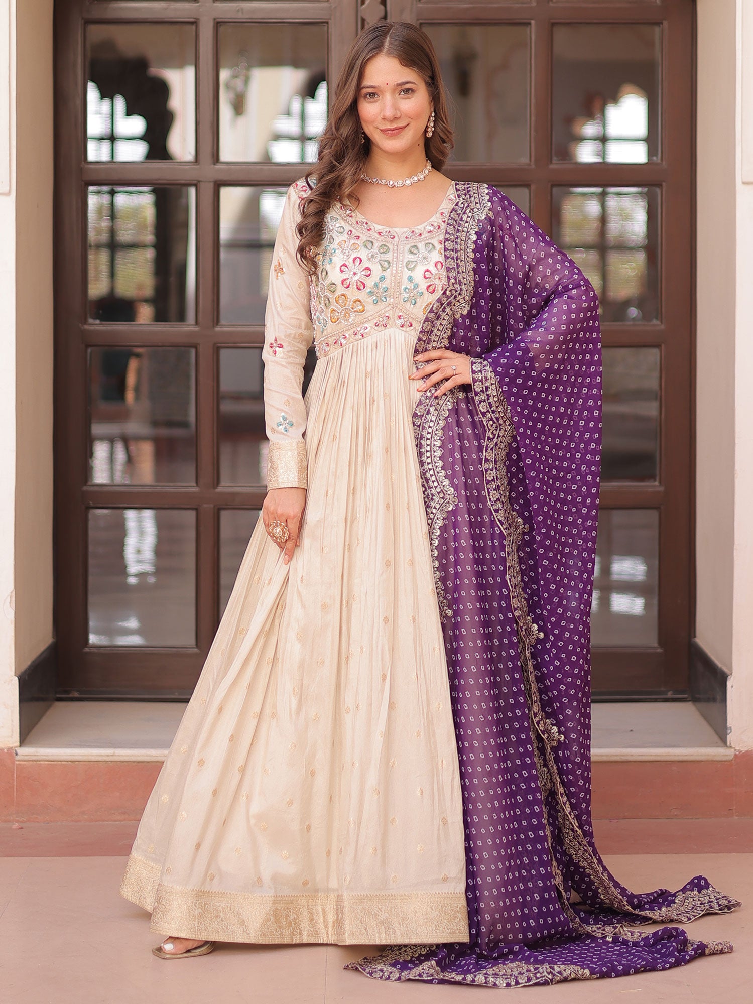 Off White Readymade Salwar Kameez In Jacquard
