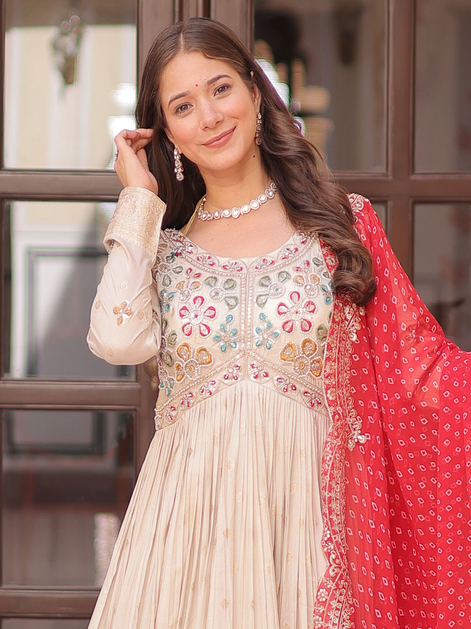 Off White Thread Work Anarkali Style Salwar Suit