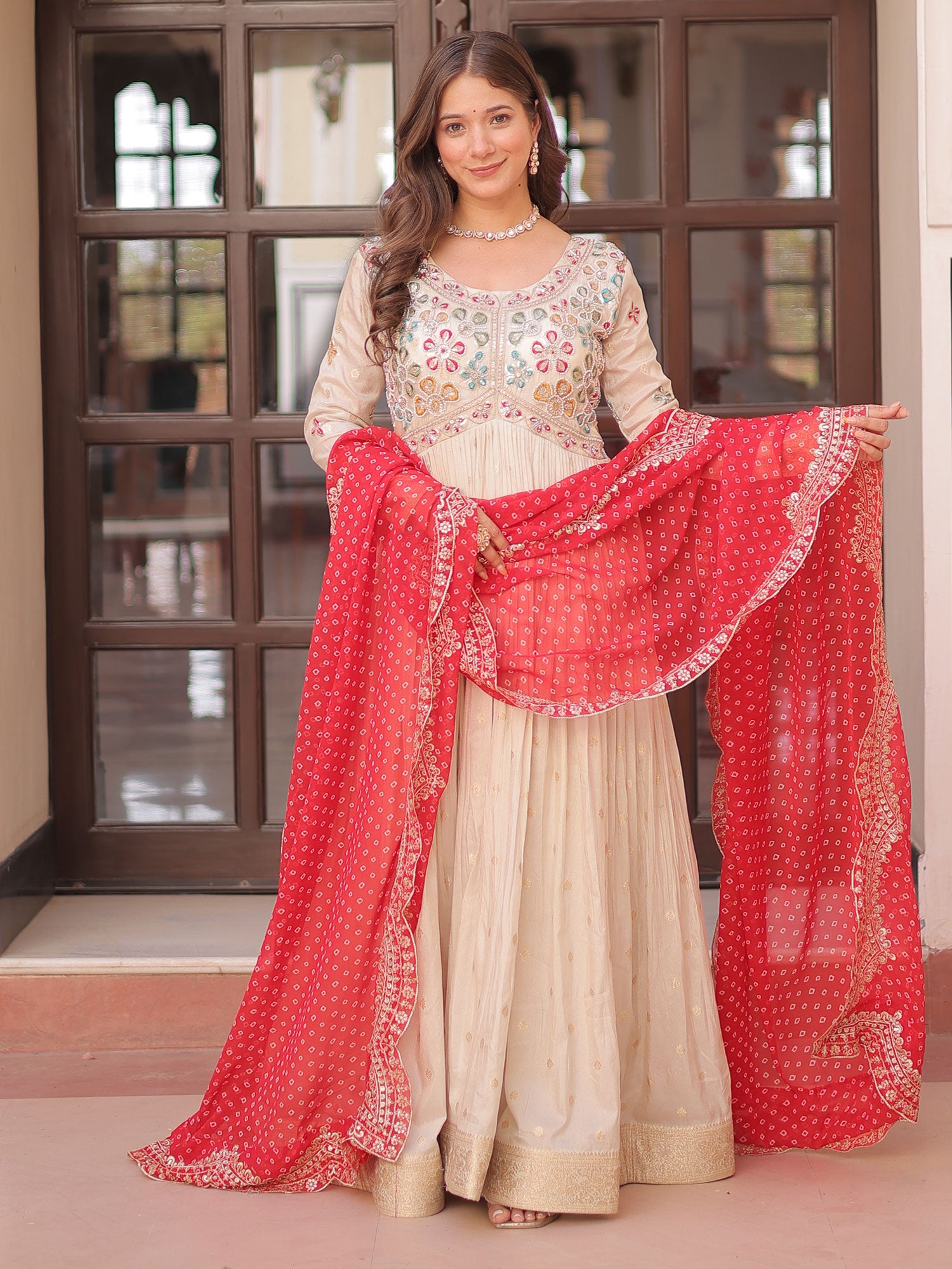 Off White Thread Work Anarkali Style Salwar Suit