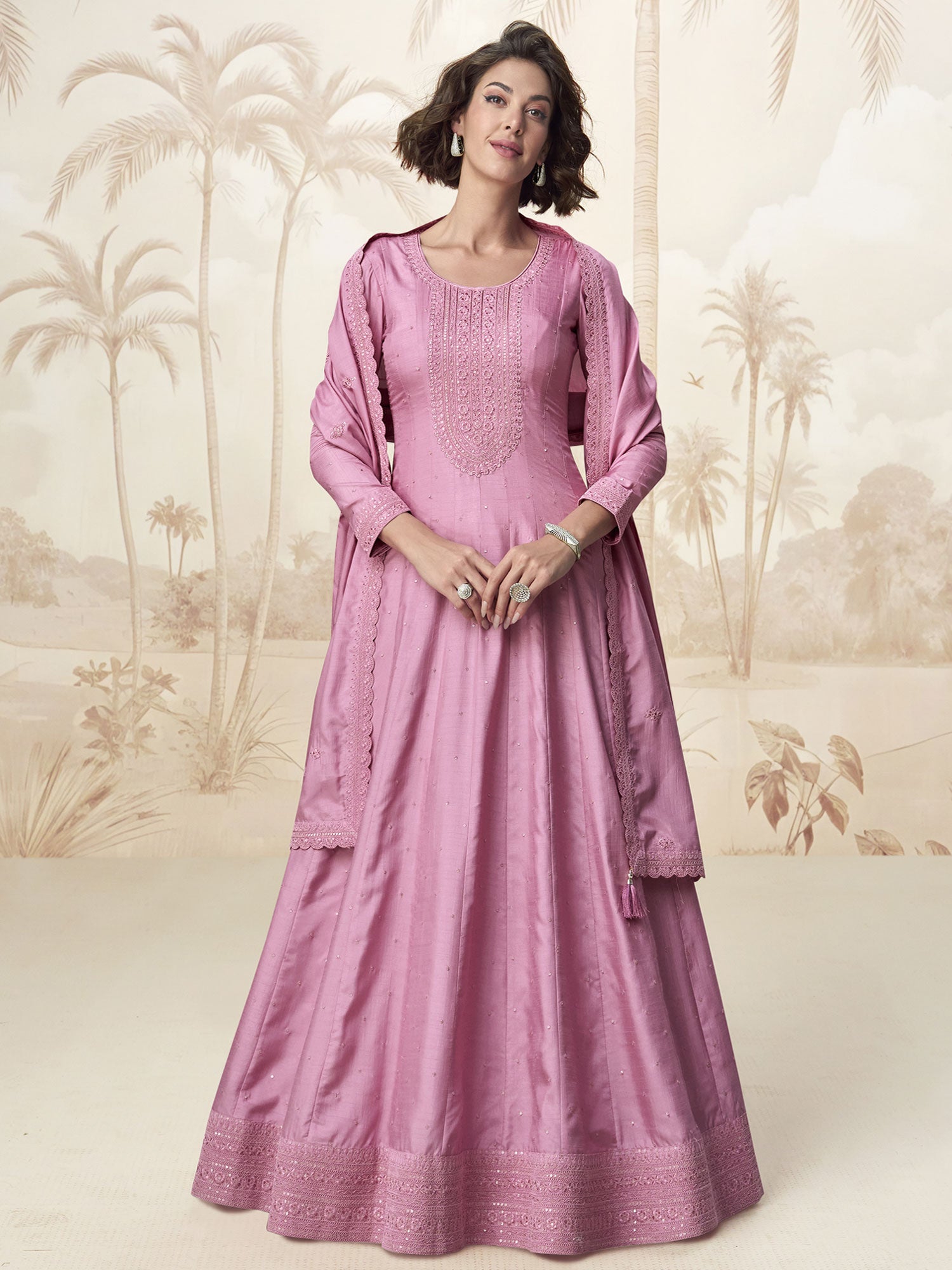 Pink Anarkali Stye Salwar Kameez With Dupatta