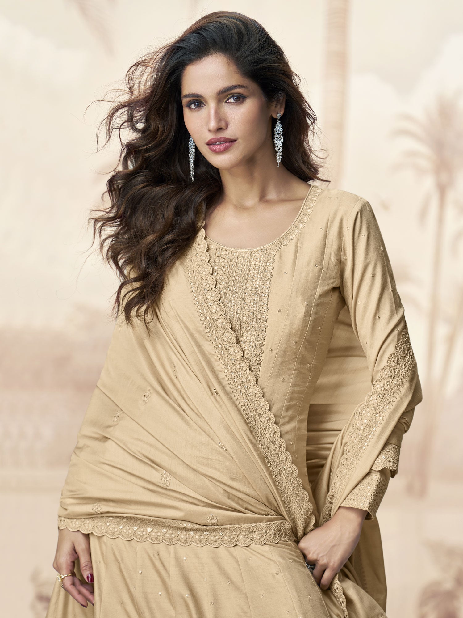 Beige Casual Salwar Kameez In Anarkali Style