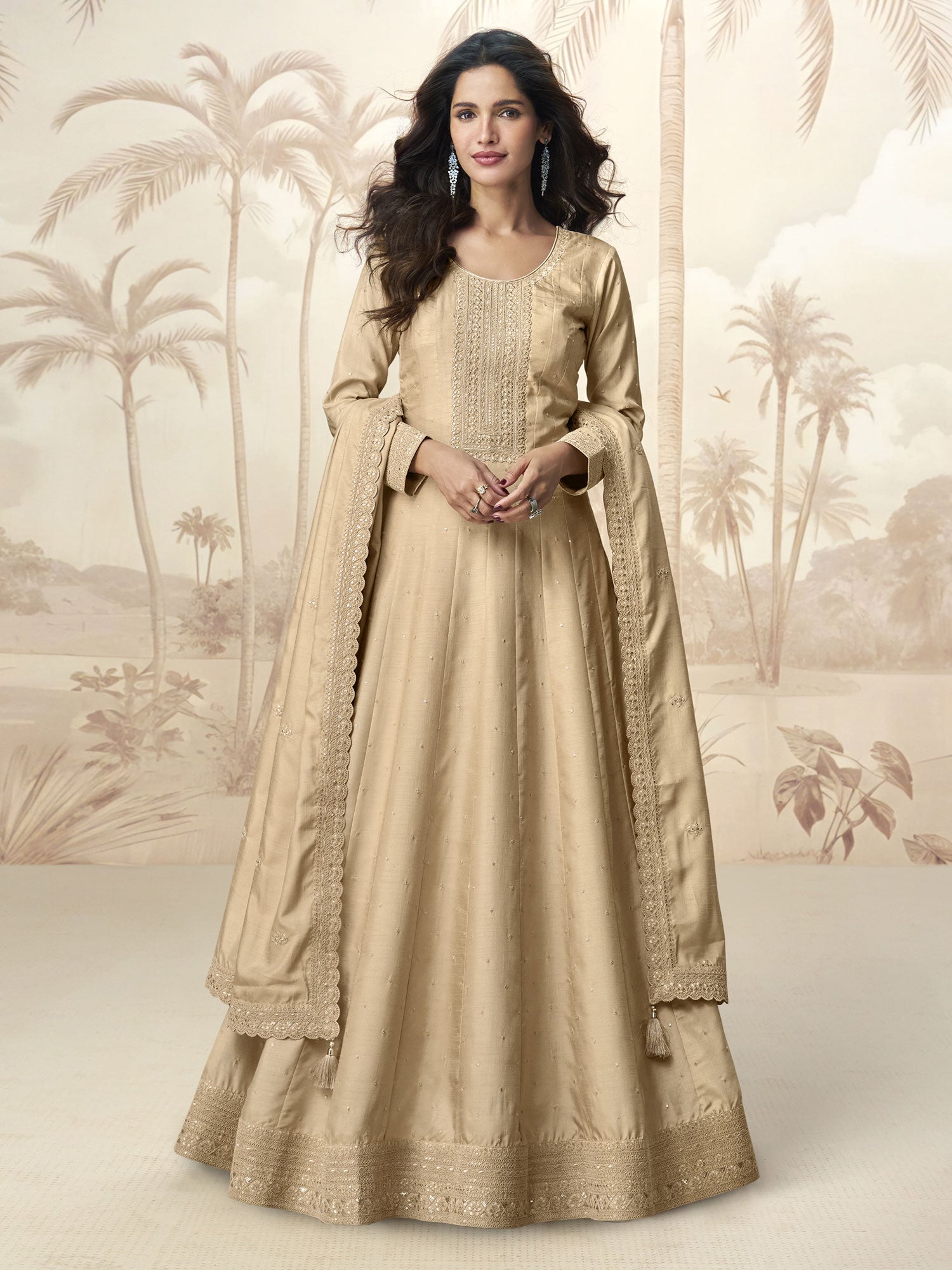 Beige Casual Salwar Kameez In Anarkali Style