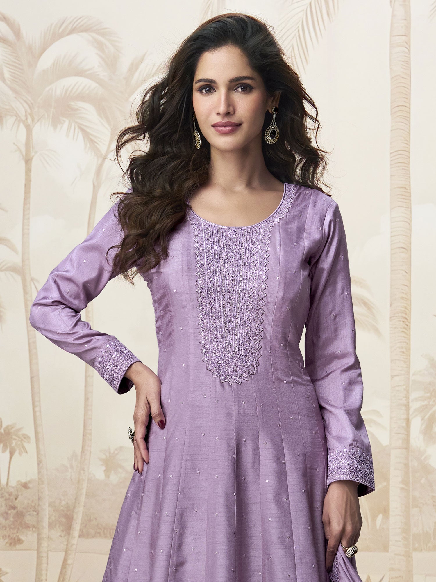 Lilac Festive Wear Silk Anarkali Style Salwar Suit