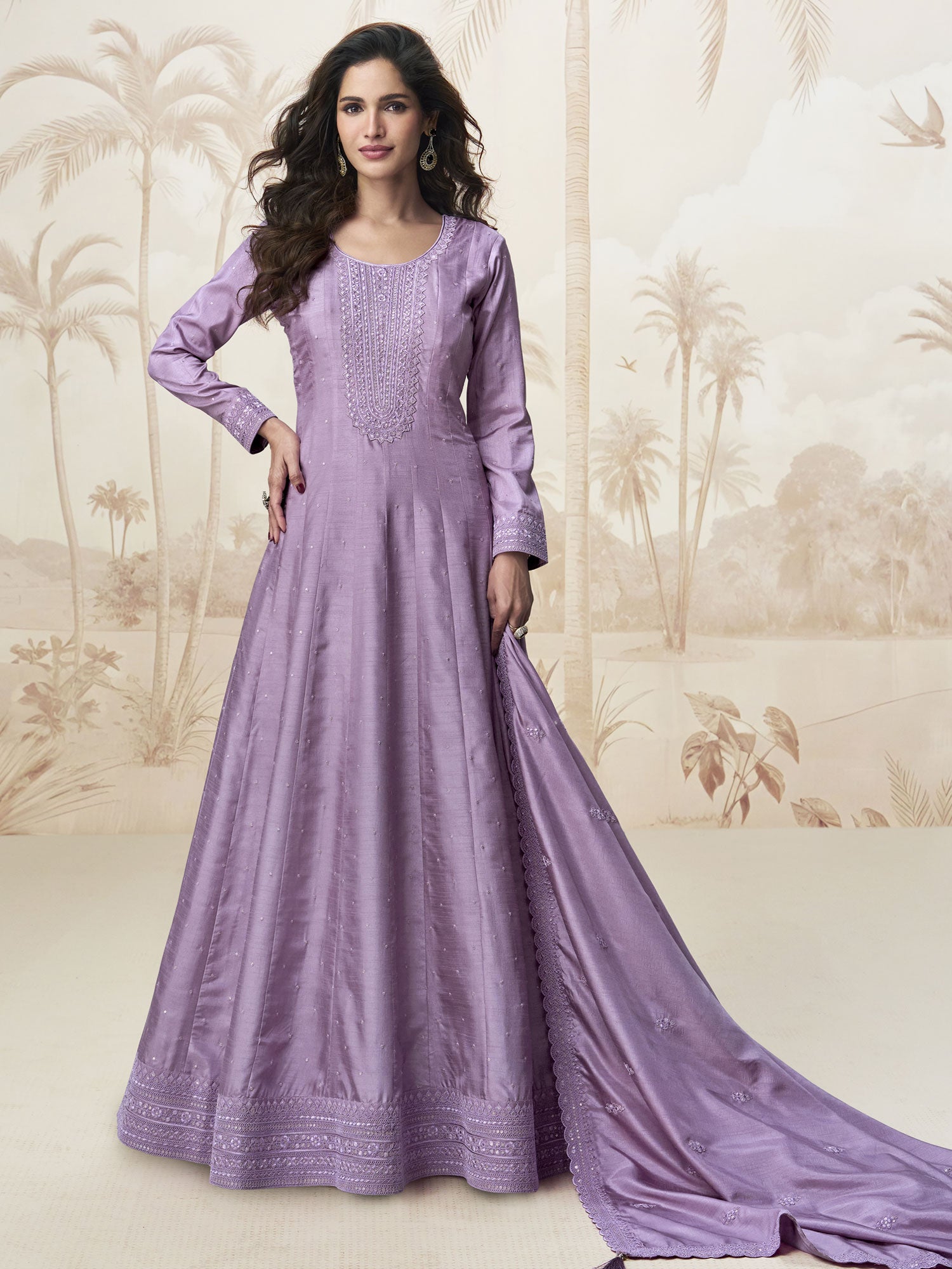Lilac Festive Wear Silk Anarkali Style Salwar Suit