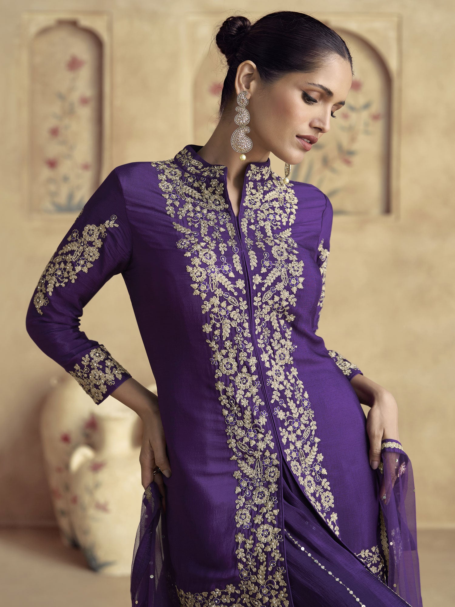Dark Purple Salwar Suit With Slit Cut Kameez