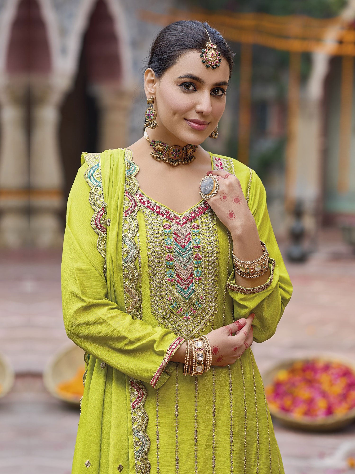 Lemon Green Festive Salwar Kameez In Palazzo Style