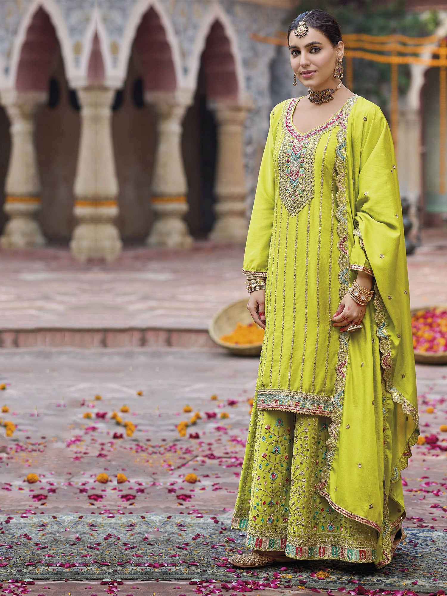 Lemon Green Festive Salwar Kameez In Palazzo Style