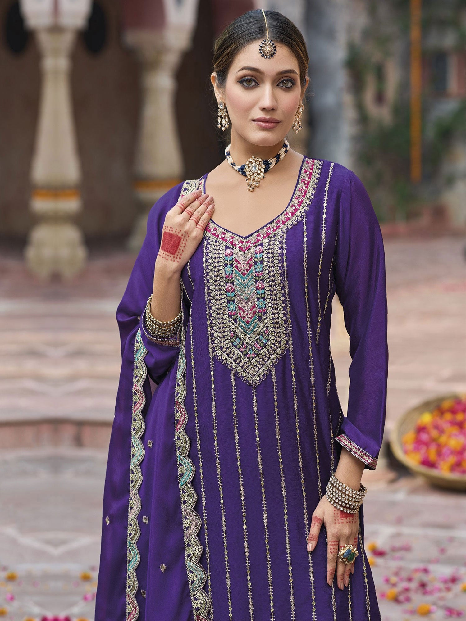 Purple Party Wear Embroidered Salwar Suit In Silk