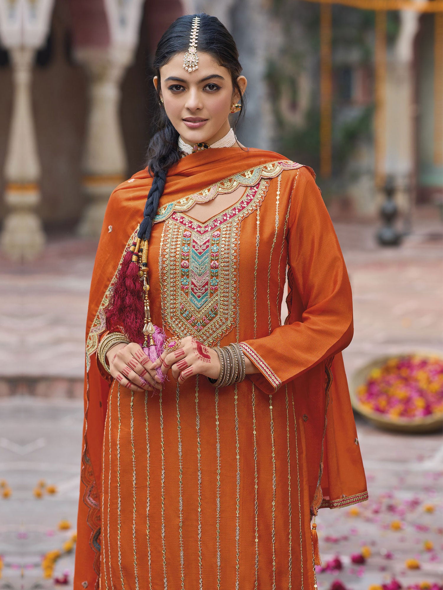 Orange Floral Thread Augmented Salwar Kameez