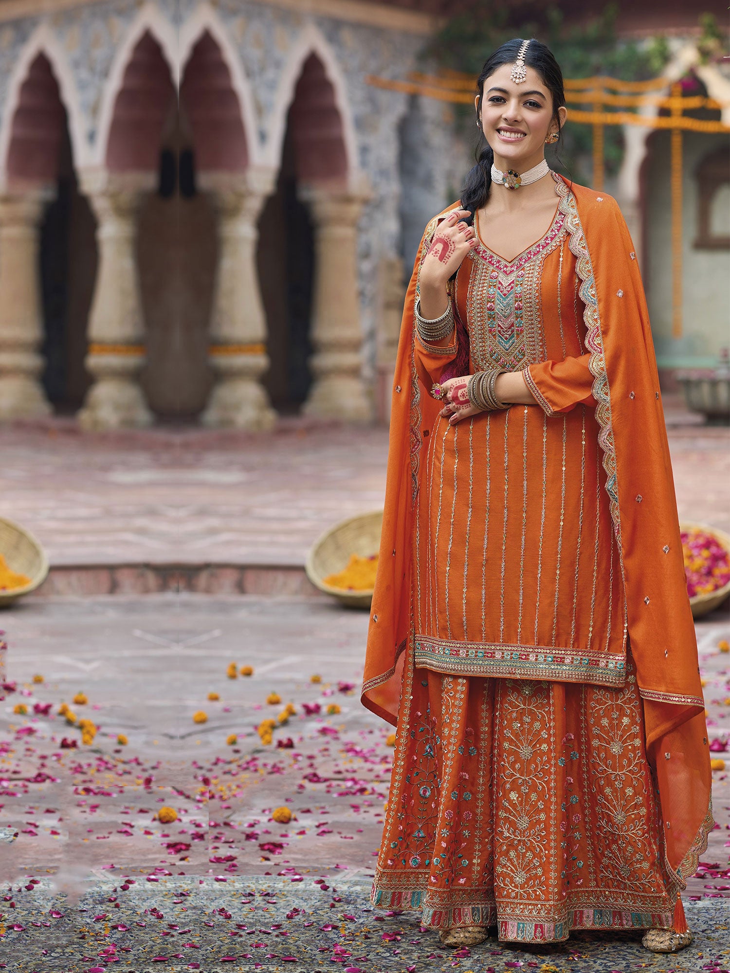 Orange Floral Thread Augmented Salwar Kameez