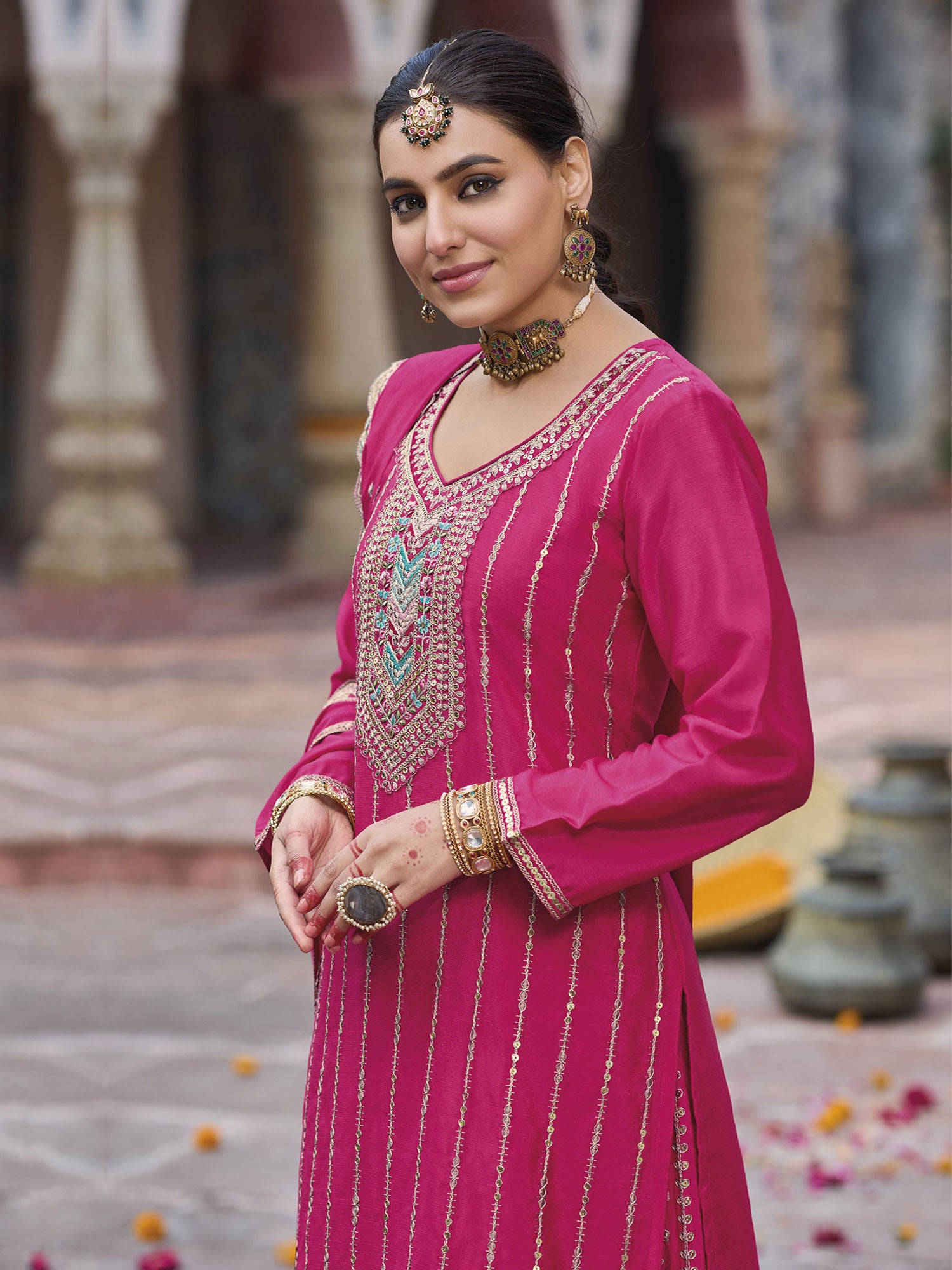 Pink Embroidered Palazzo Suit With Straight Kameez