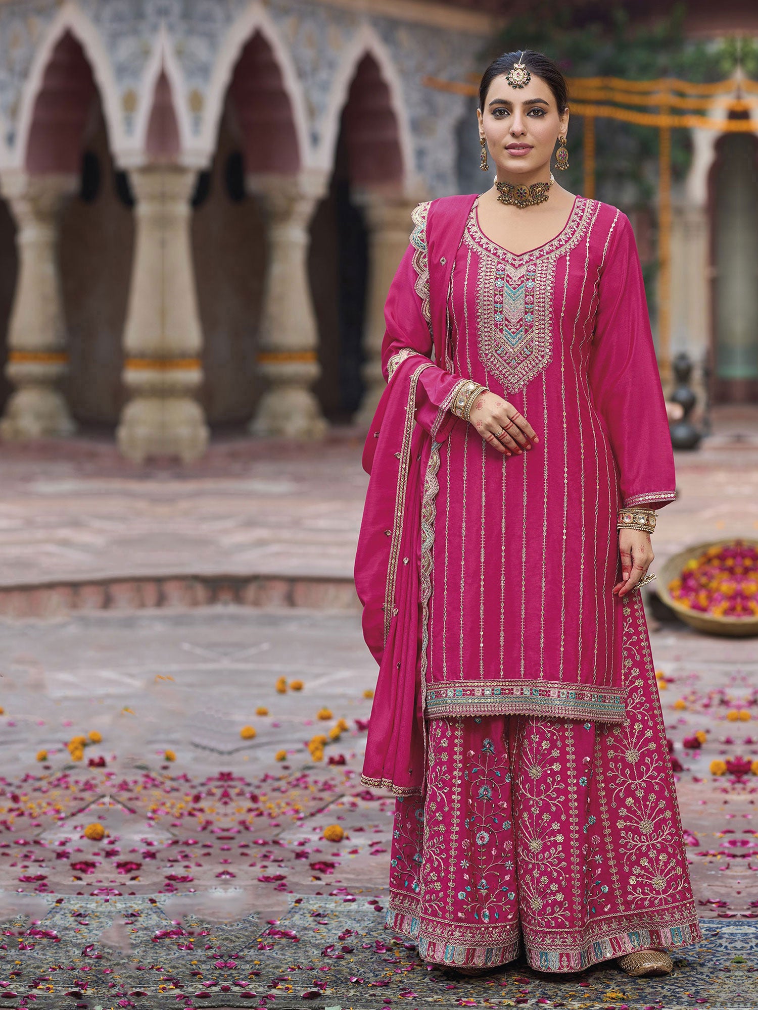 Pink Embroidered Palazzo Suit With Straight Kameez